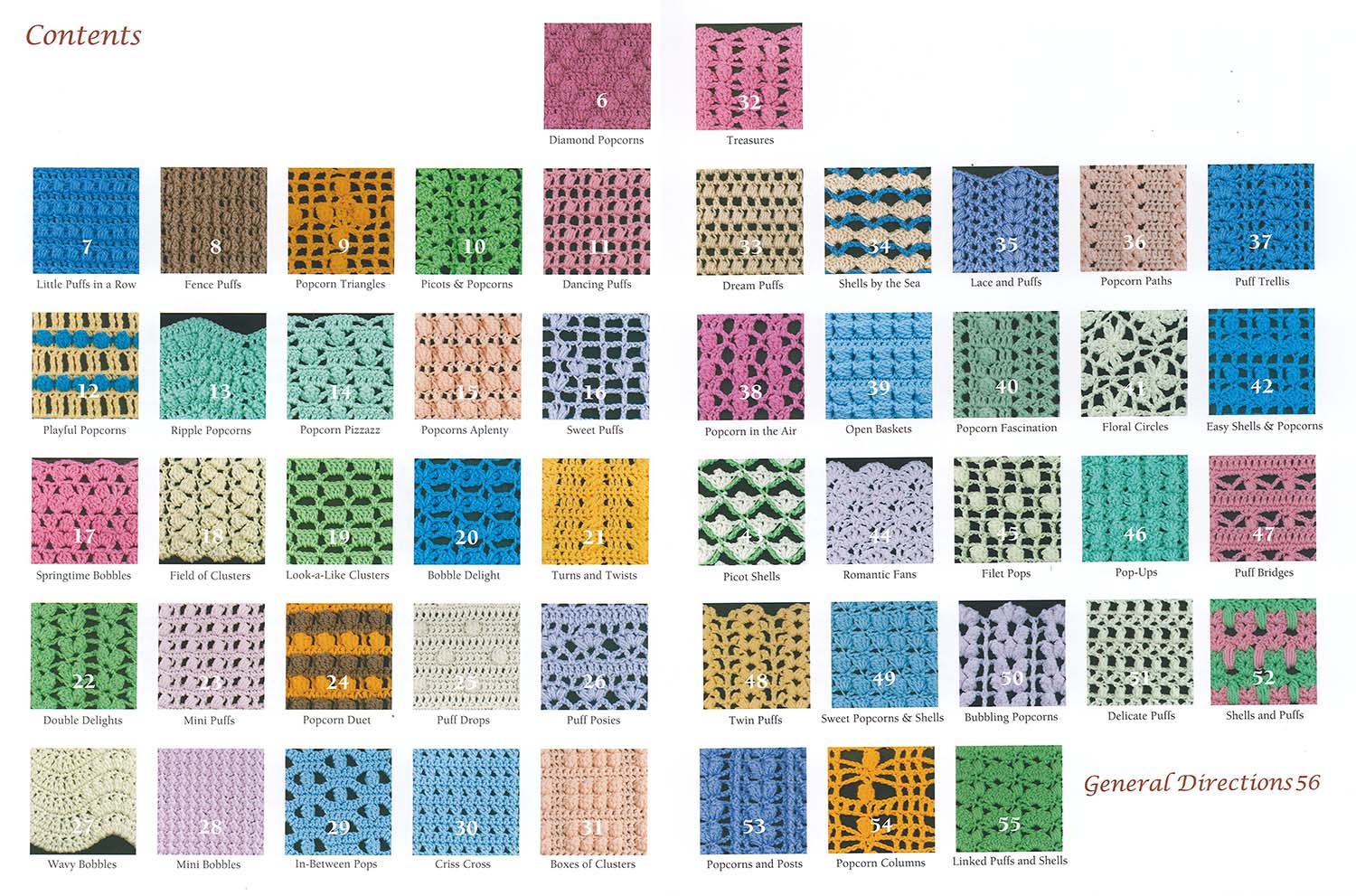 A contents page displays 50 unique bobble, popcorn, and puff crochet stitches by Leisure Arts, each sample labeled with its name and page number in a grid—ideal inspiration for your next crochet project.
