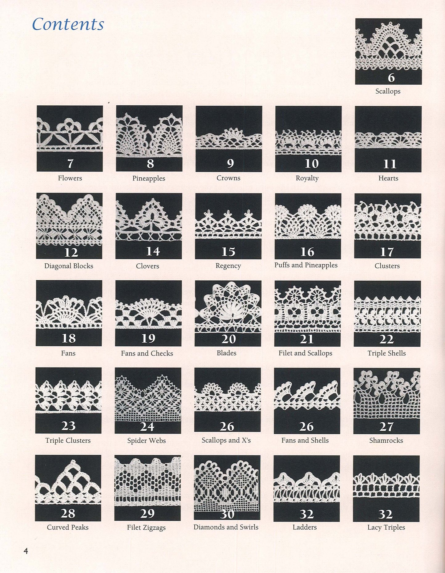 A chart displays 50 unique black-and-white thread crochet edging patterns from the Leisure Arts "50 Fabulous Thread Crochet Edgings" digital download, each with a name and sample image, organized as a table of contents for easy browsing.