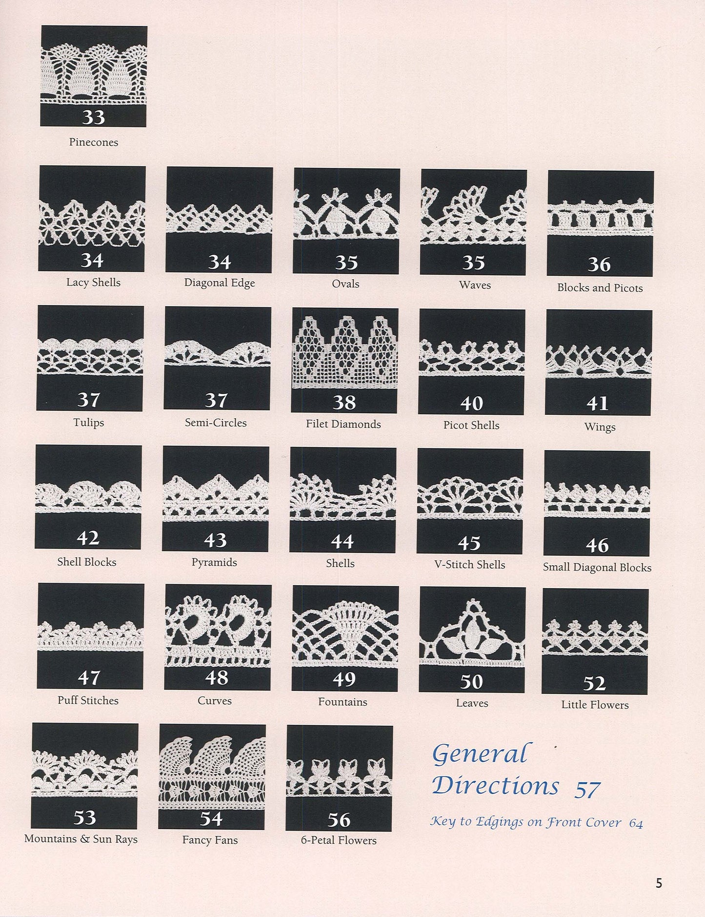 A chart from Leisure Arts' "50 Fabulous Thread Crochet Edgings Digital Download" displays 27 unique edgings on black backgrounds, each labeled with names and numbers like Pinecones and Lacy Shells—ideal for beginner crocheters.