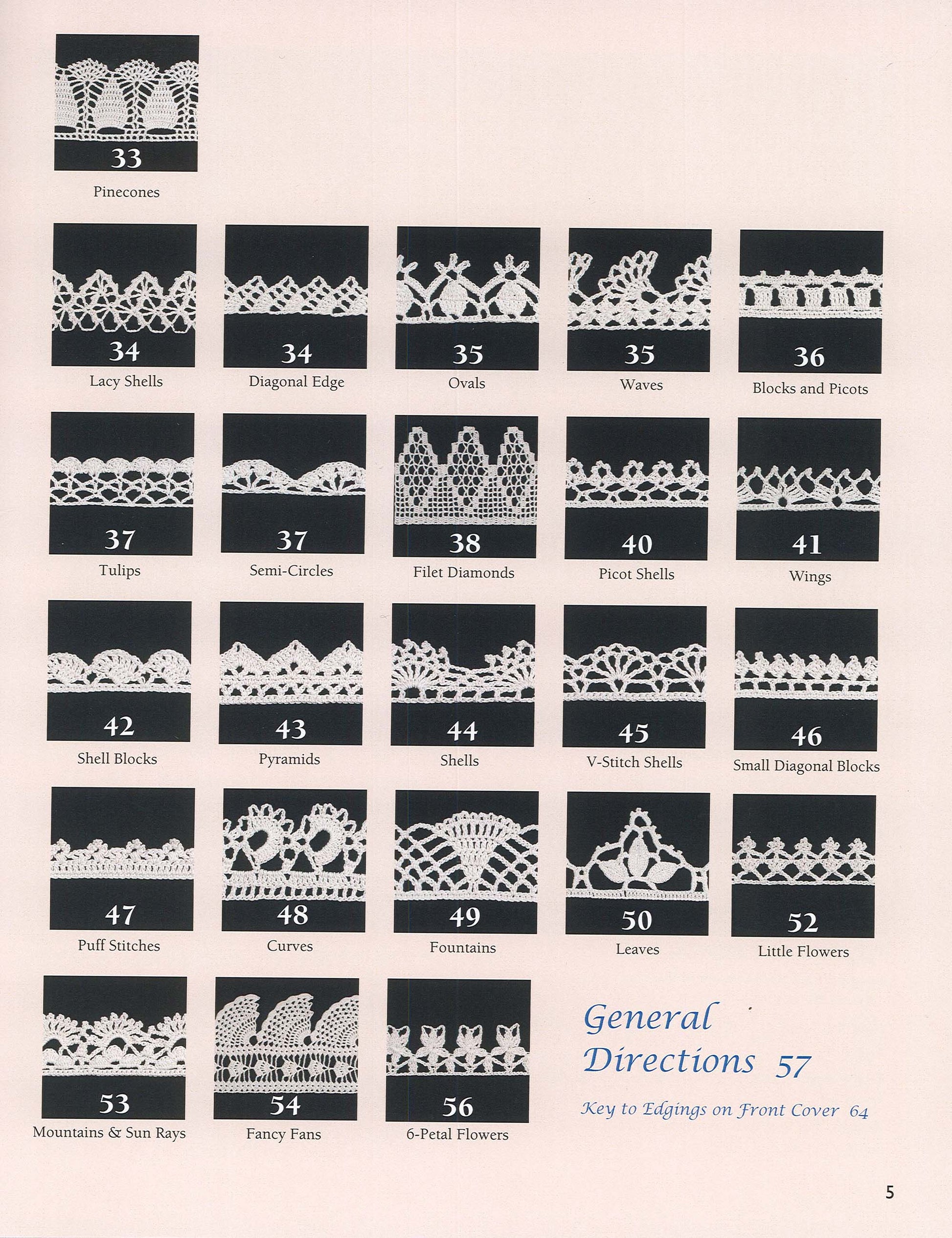 A chart from Leisure Arts' "50 Fabulous Thread Crochet Edgings Digital Download" displays 27 unique edgings on black backgrounds, each labeled with names and numbers like Pinecones and Lacy Shells—ideal for beginner crocheters.