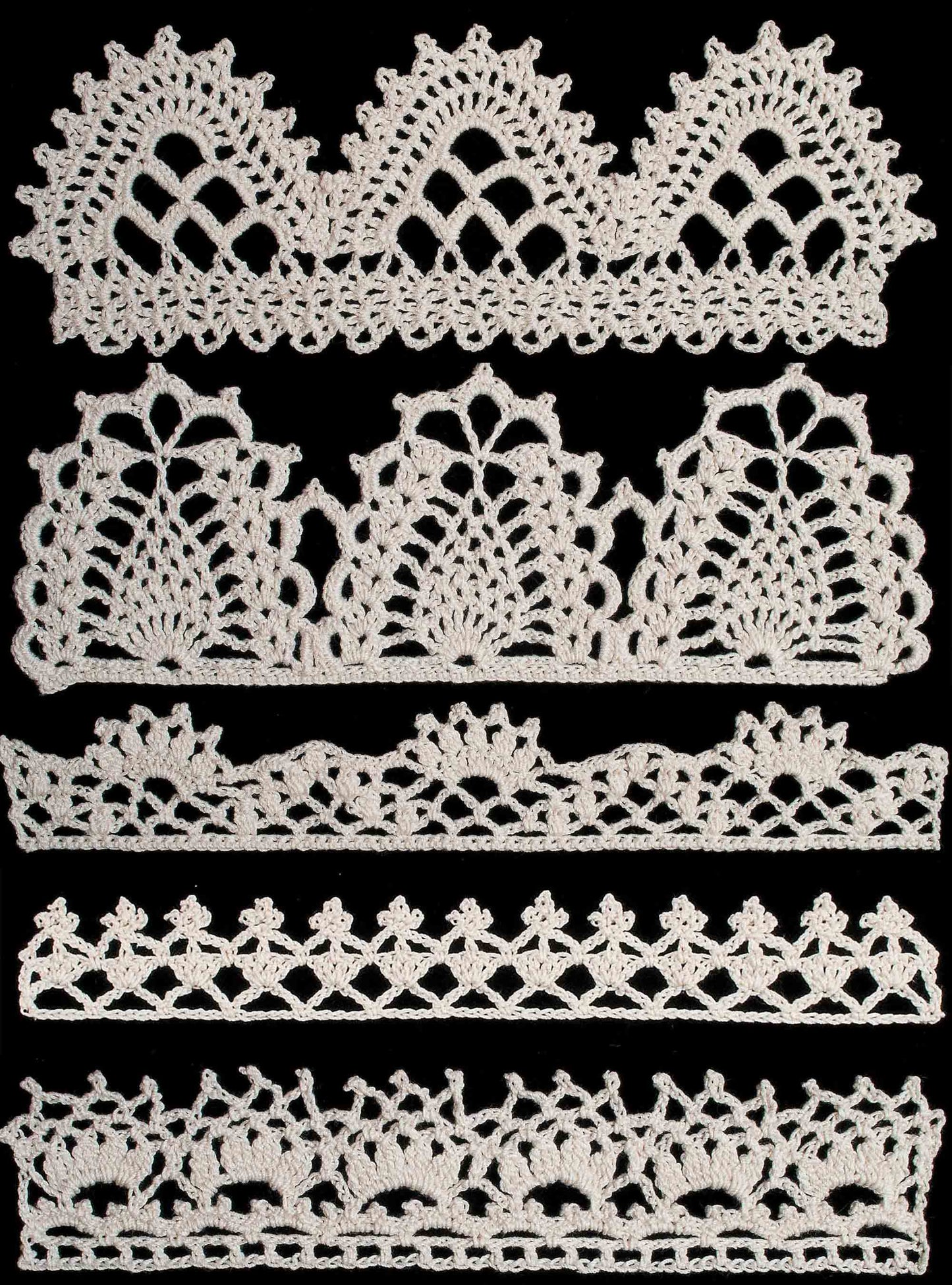 Discover 50 intricate white thread crochet edgings from Leisure Arts’ "50 Fabulous Thread Crochet Edgings" digital download, shown on a black background with unique loop, scallop, and geometric designs—perfect for beginner crochet inspiration.