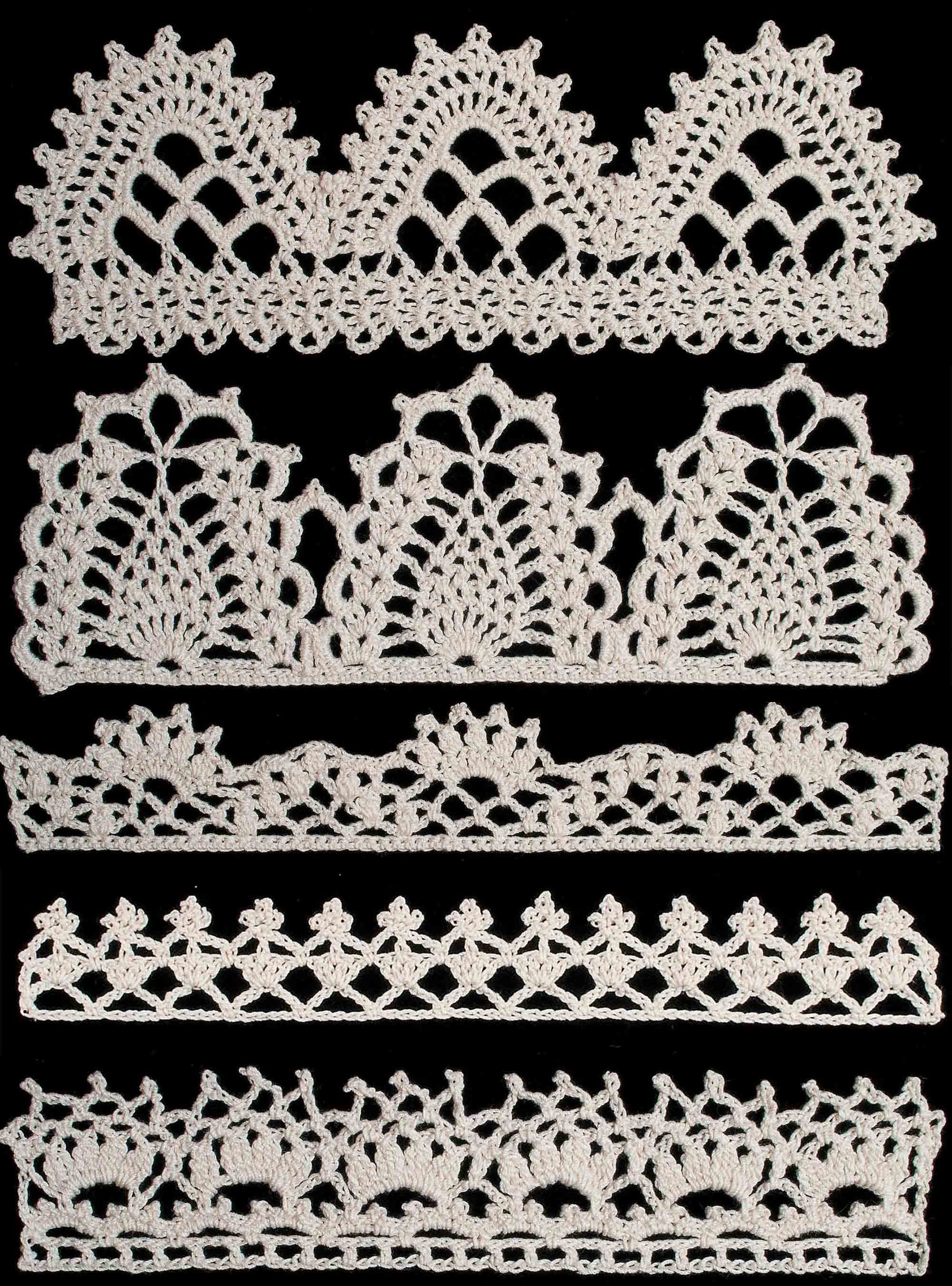 Discover 50 intricate white thread crochet edgings from Leisure Arts’ "50 Fabulous Thread Crochet Edgings" digital download, shown on a black background with unique loop, scallop, and geometric designs—perfect for beginner crochet inspiration.