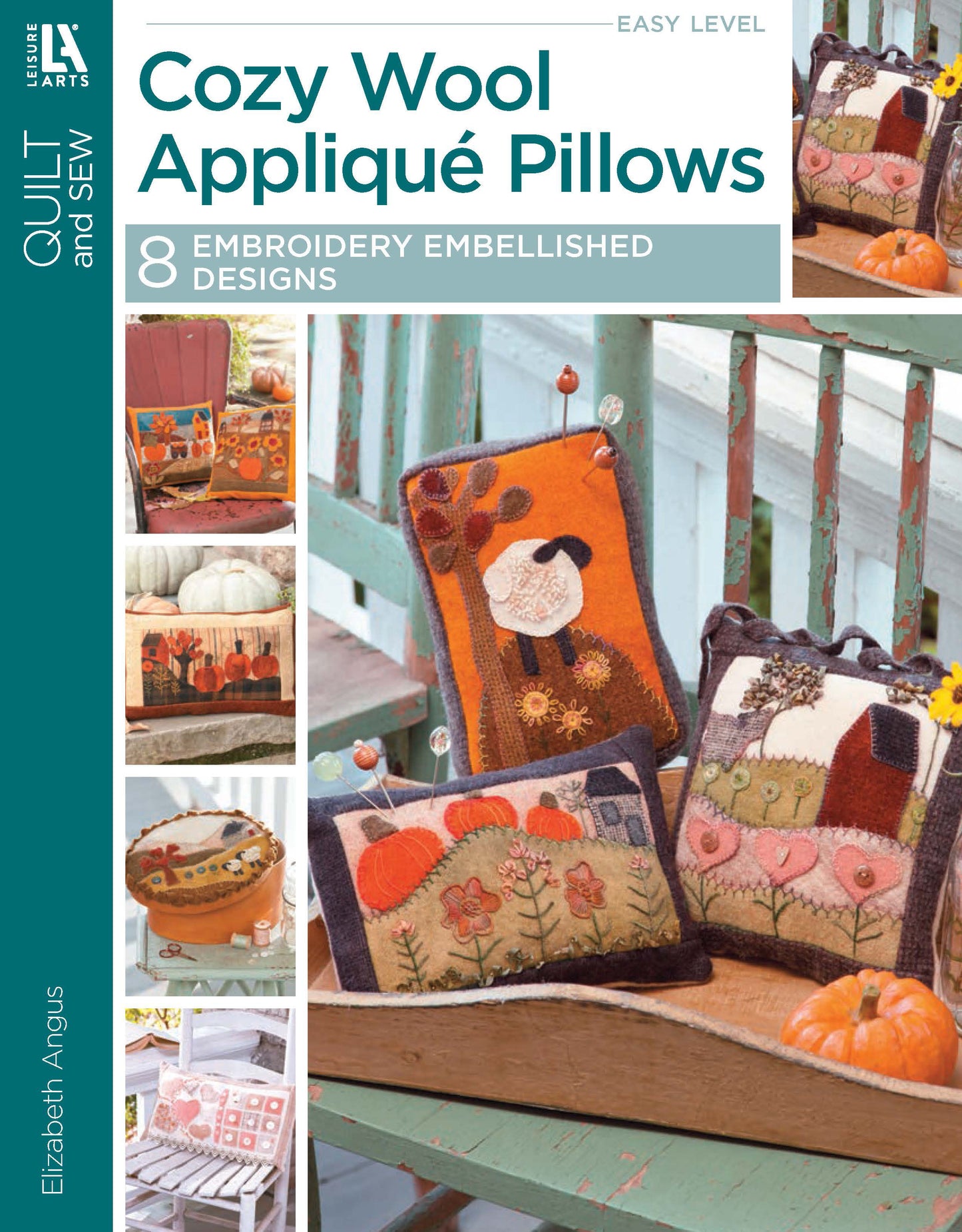 Cover of Cozy Wool Applique Pillows by Leisure Arts, featuring photos of embroidered autumn and nature-themed pillows on a rustic bench. Smaller images showcase more home décor pillow projects.