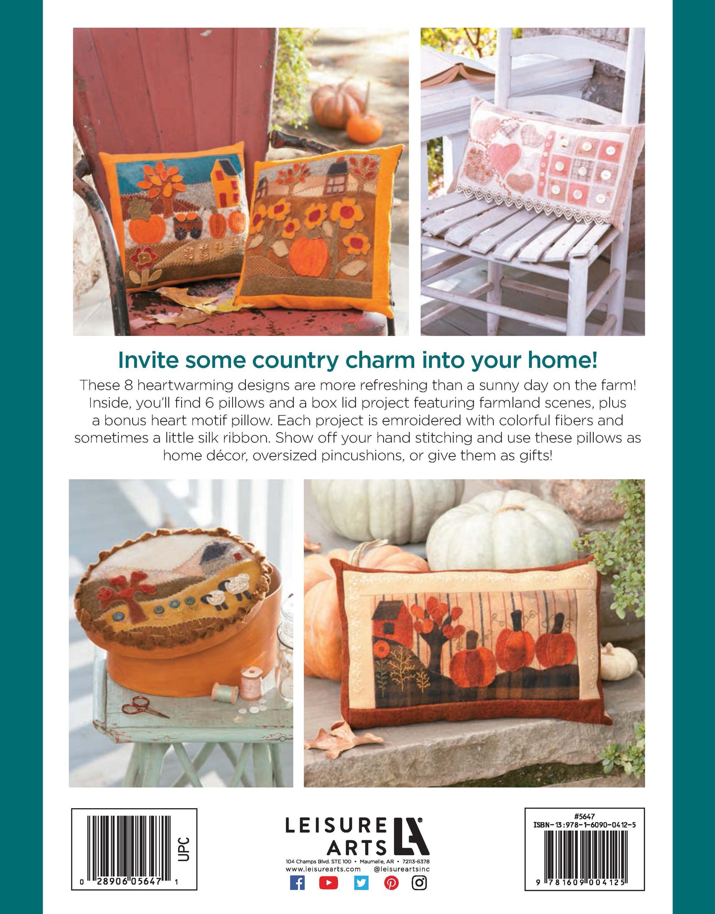 The back cover of Leisure Arts' "Cozy Wool Applique Pillows" displays farmhouse-style autumn pillows with pumpkin embroidery, a matching orange bowl, and a wooden box, inviting you to create these charming home décor projects.