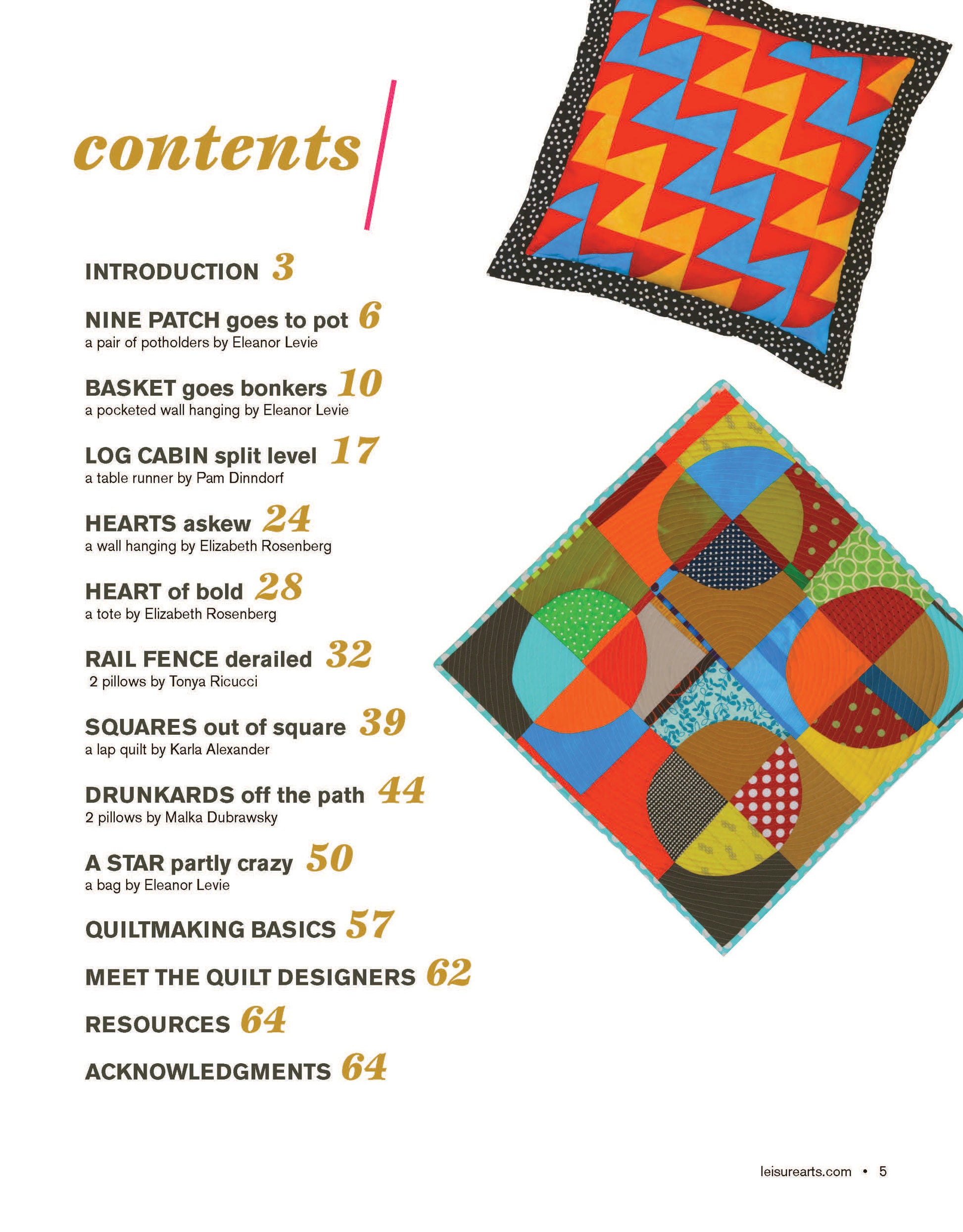 The contents page of Leisure Arts' "Quilt Blocks Go Wild!" displays colorful patchwork pillows, bold headings, quilt patterns with project names, page numbers, and step-by-step photos—perfect for beginning quilters.