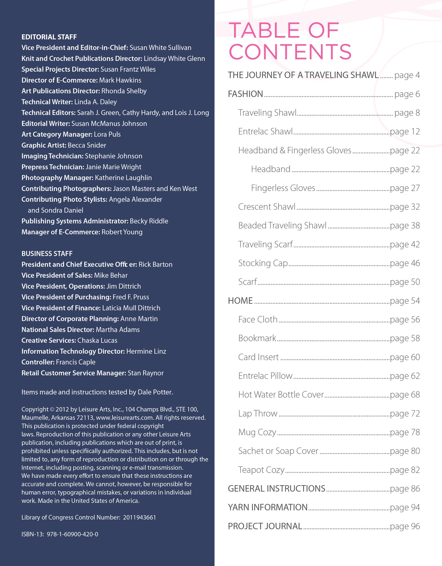 The Knitting for a Cure catalog by Leisure Arts shows the editorial staff on the left and contents—Fashion, Home, Knitting Patterns, Accessories, Instructions, Yarn Info, and Project Journal with page numbers—on the right.