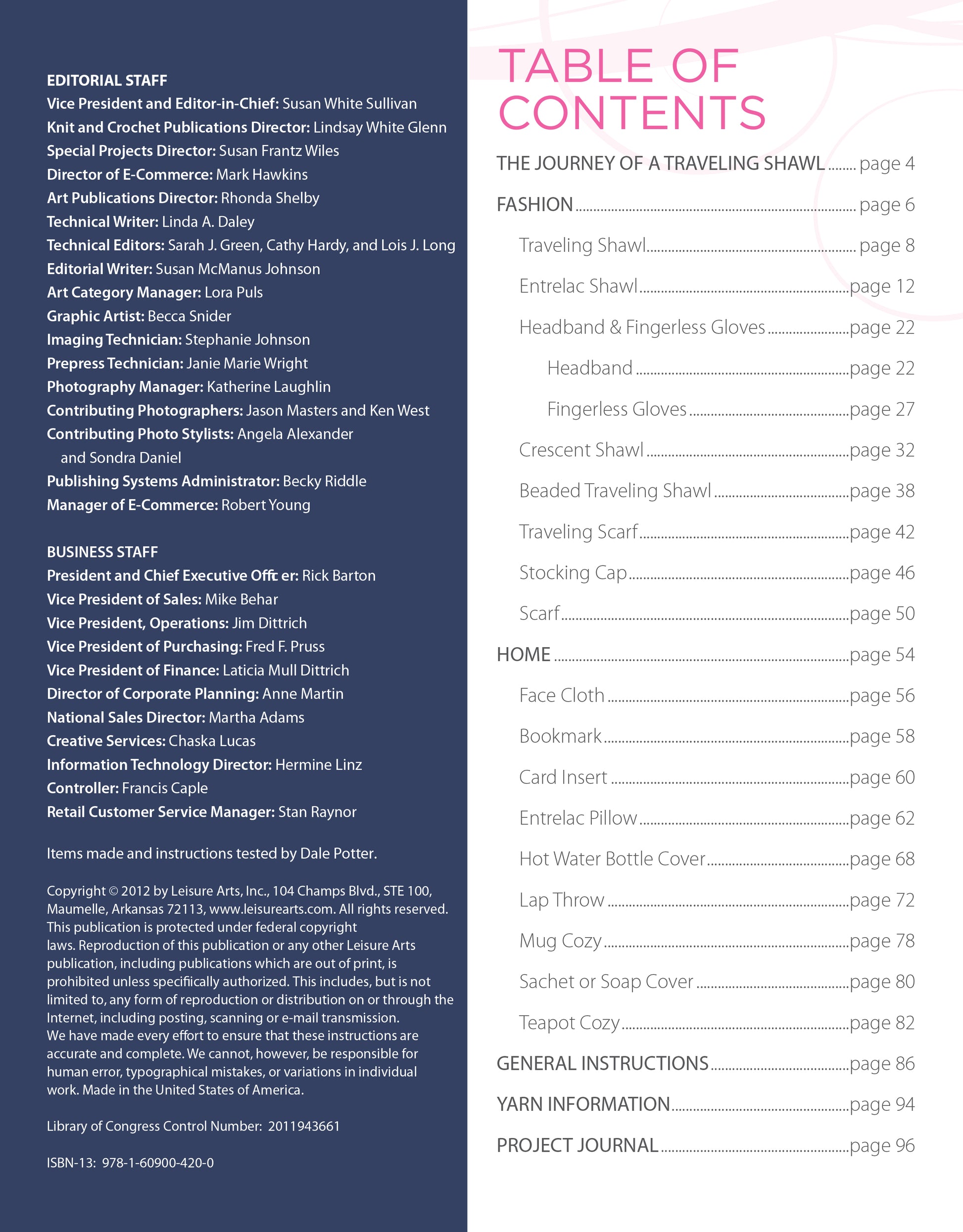 The Knitting for a Cure catalog by Leisure Arts shows the editorial staff on the left and contents—Fashion, Home, Knitting Patterns, Accessories, Instructions, Yarn Info, and Project Journal with page numbers—on the right.