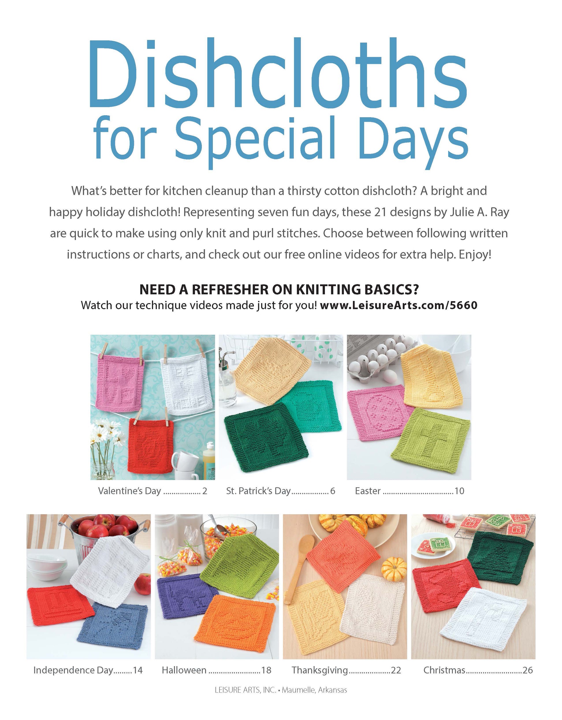 A flyer for Dishcloths for Special Days Digital Download by Leisure Arts displays seven vibrant knitted dishcloths—quick, easy projects ideal as gifts for Valentine’s Day, St. Patrick’s Day, Easter, July 4th, Halloween, Thanksgiving, and Christmas.