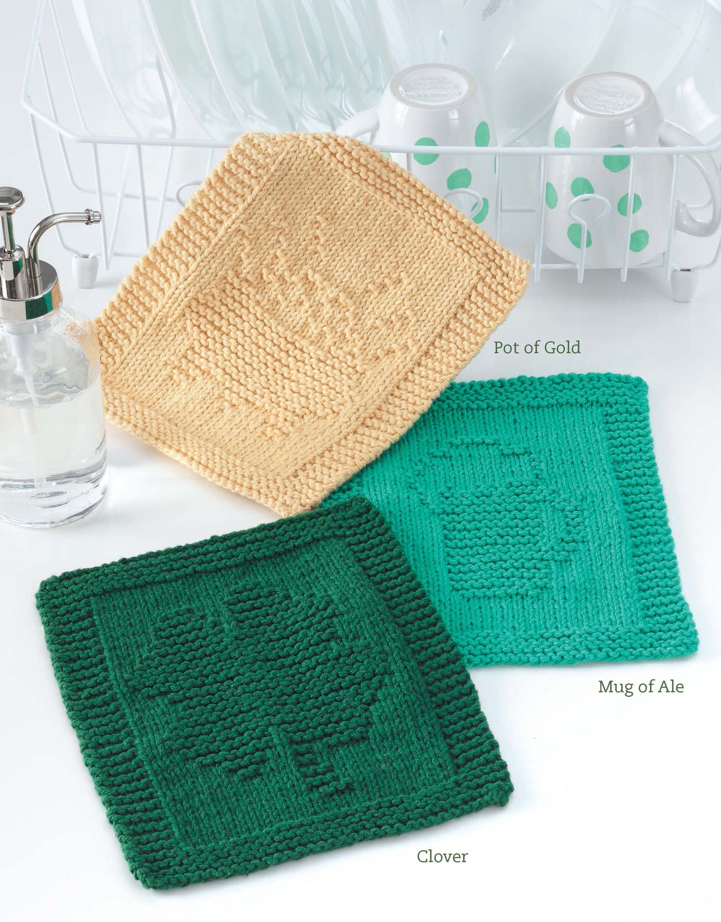 Leisure Arts Dishcloths for Special Days Digital Download features three beginner-friendly knitted dishcloths in yellow, light green, and dark green with pot of gold, mug of ale, and clover designs—perfect for quick handmade gifts.