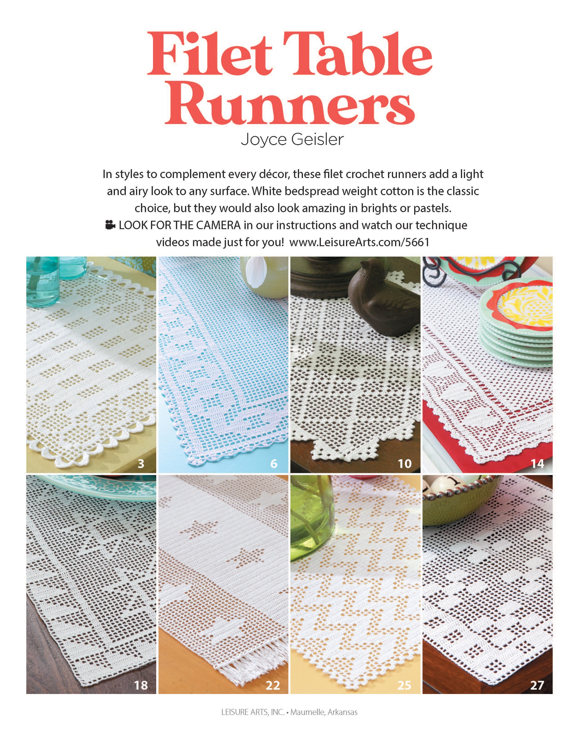 A collage showcases Leisure Arts’ Filet Table Runners Digital Download—various numbered table runners in classic, airy lace crochet styles, featuring both intricate and beginner-friendly patterns for all décors.