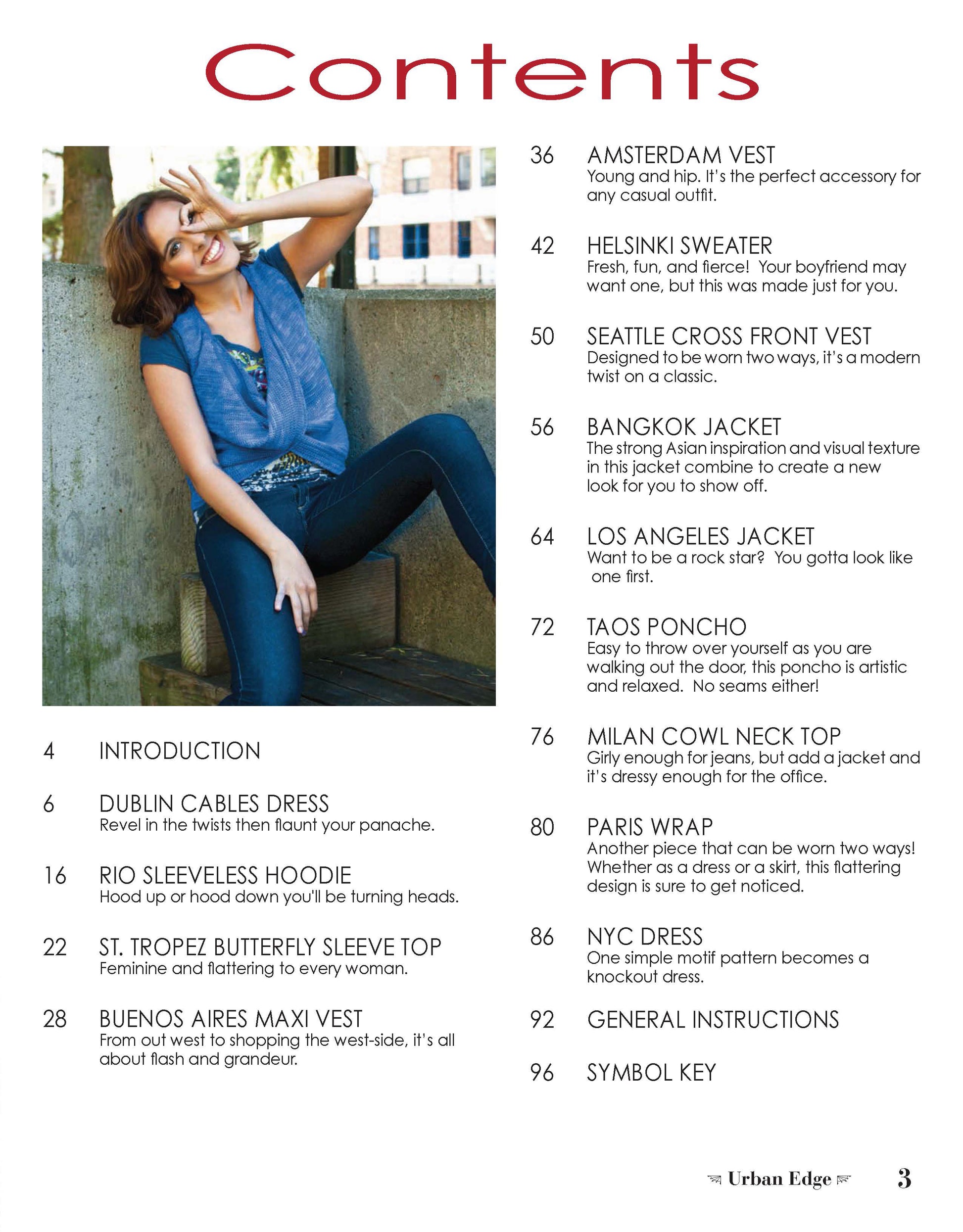 A woman in a brown T-shirt and jeans sits on a wooden chair outdoors, smiling and holding her wavy hair. To the right, the table of contents for Leisure Arts' Crochet Urban Edge Fashion is shown against greenery and a wooden deck.