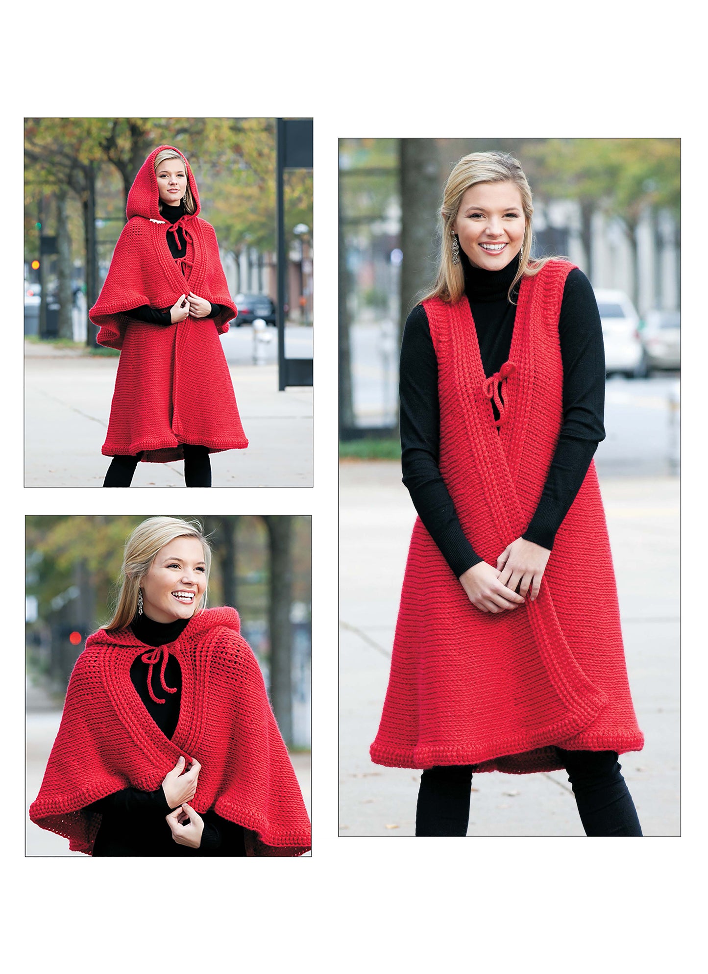 A woman models the Leisure Arts Short Row Tunisian Stitch Crochet cape with a hood, featuring unique crochet details. Outdoors in the city, she poses wearing the hood and holding the cape closed over a black top and pants.