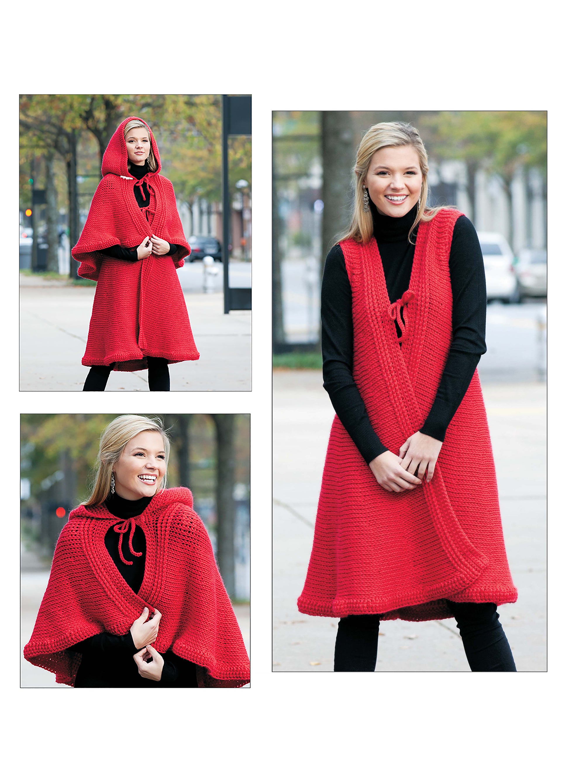 A woman models the Leisure Arts Short Row Tunisian Stitch Crochet cape with a hood, featuring unique crochet details. Outdoors in the city, she poses wearing the hood and holding the cape closed over a black top and pants.