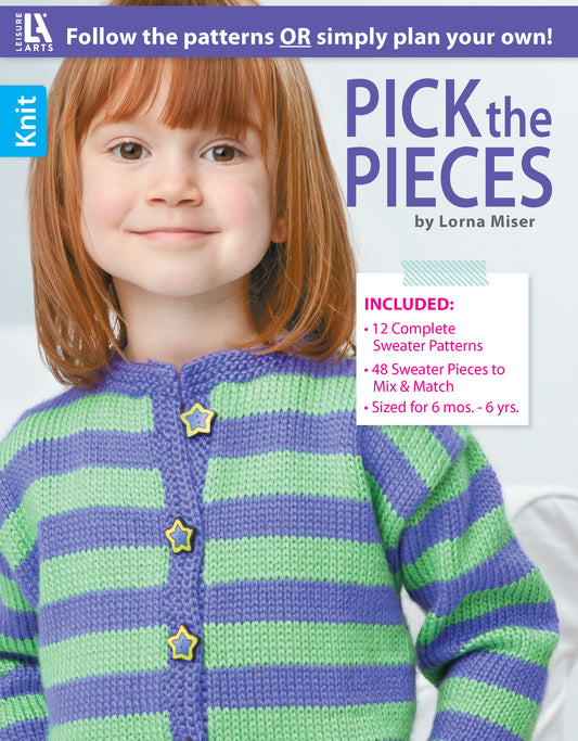 A young girl with red hair wears a purple and green striped knit sweater with star-shaped buttons. The image is the cover of Leisure Arts' knitting book "Pick the Pieces Knitting." Perfect inspiration for mix and match sweaters.