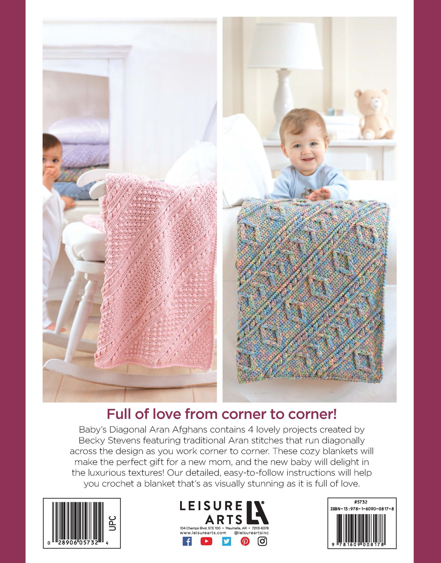 A smiling baby sits behind a colorful crochet blanket draped on a crib, while Leisure Arts' Baby's Diagonal Aran Afghans in pink with a diagonal pattern is displayed on a white rocking chair in the softly lit nursery.