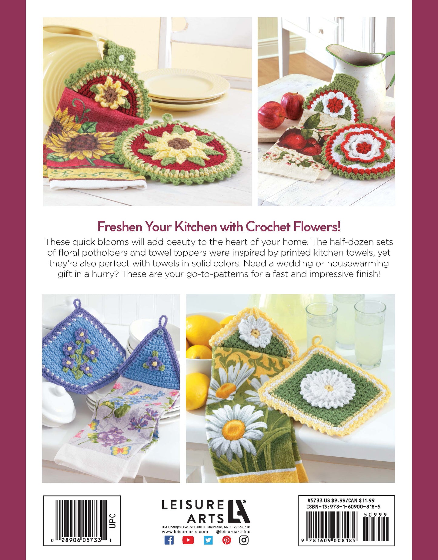 Leisure Arts' Towel Toppers and Potholders Digital Download features vibrant crochet designs displayed with matching kitchen towels—a perfect way to brighten your decor or give as a charming housewarming gift.