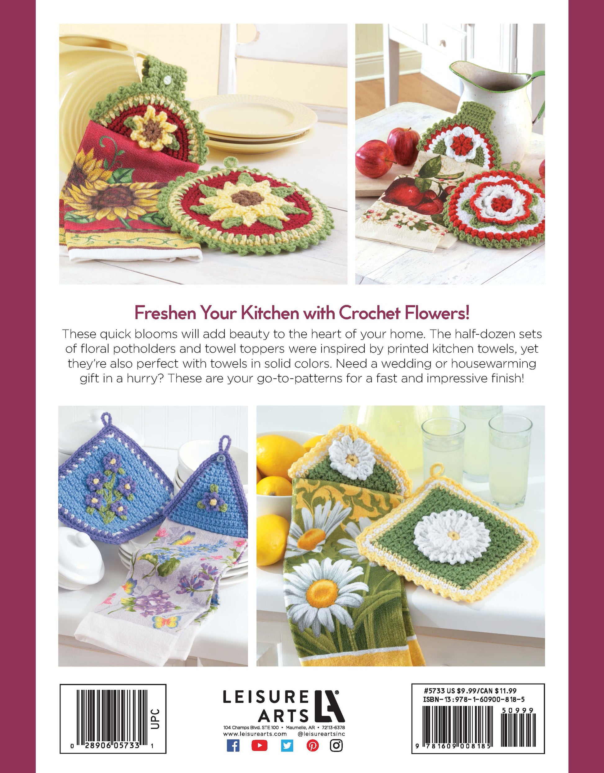 Leisure Arts' Towel Toppers and Potholders Digital Download features vibrant crochet designs displayed with matching kitchen towels—a perfect way to brighten your decor or give as a charming housewarming gift.
