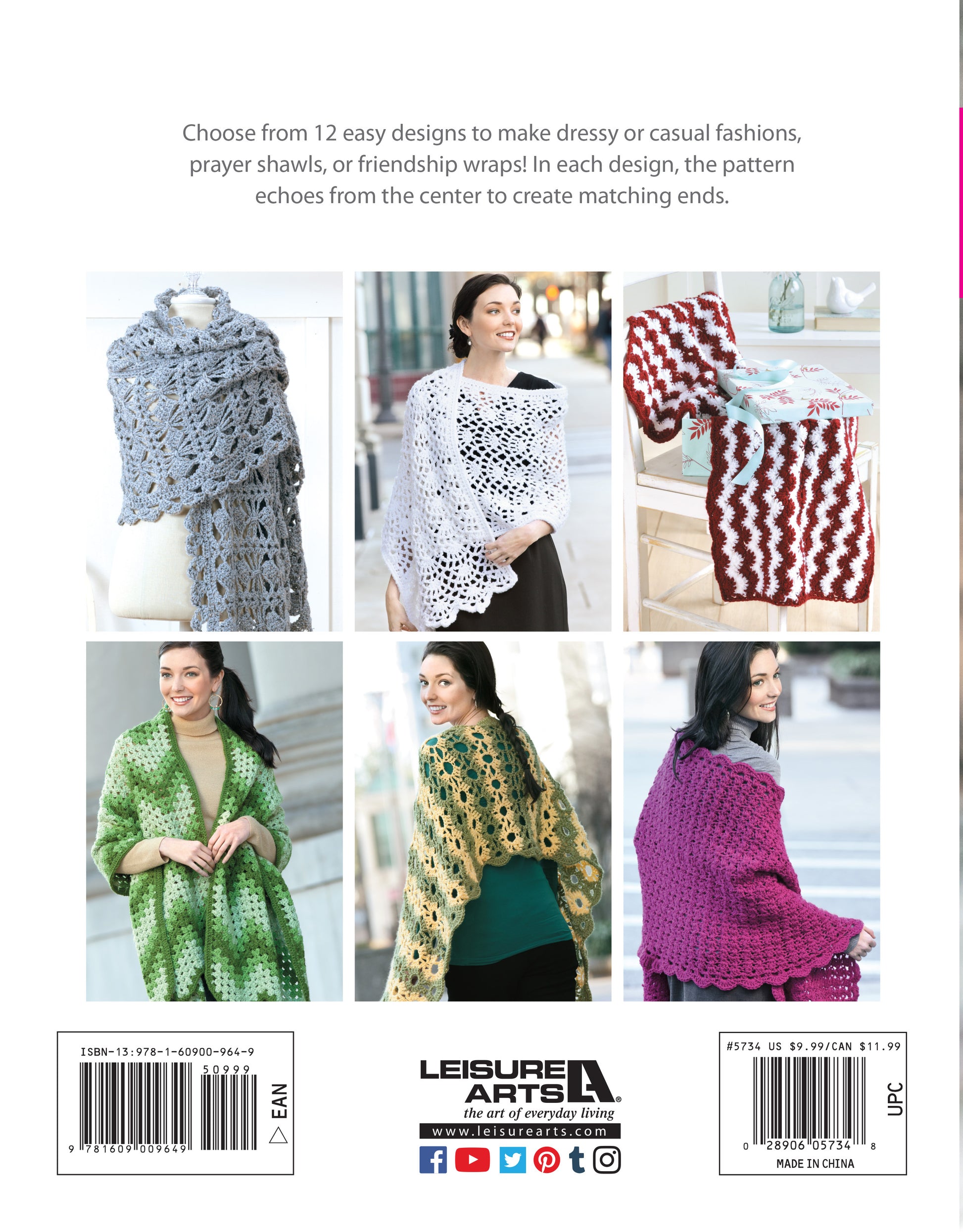 Four women model cozy shawls from Leisure Arts’ "Wraps by the Dozen—From Dressy to Casual, Show Your Style with Cozy, Fashionable Wraps"—perfect inspiration for your next worsted weight yarn crochet wrap project.