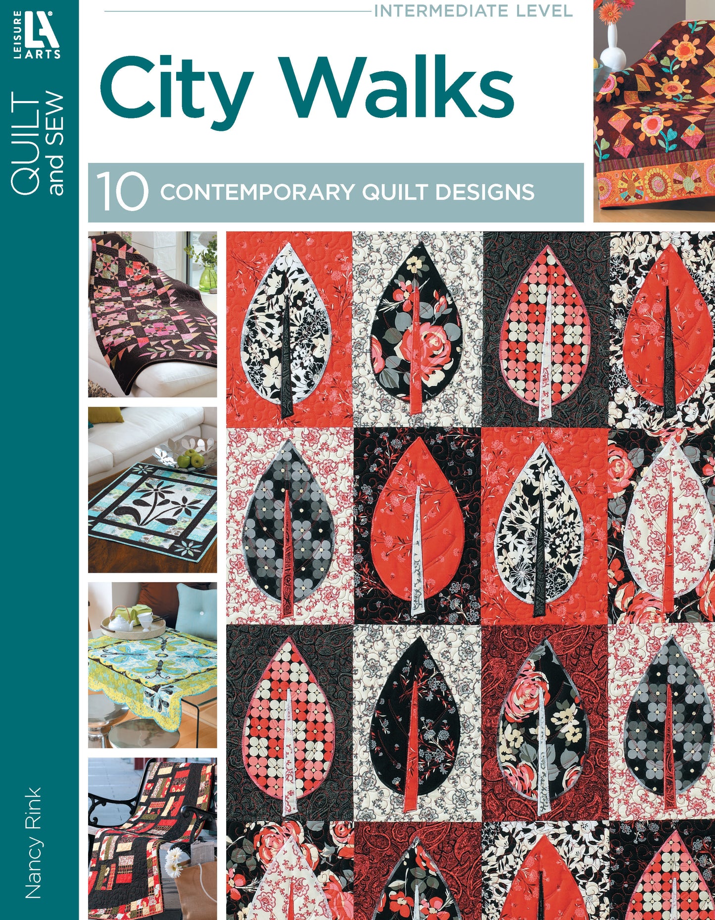 The cover of "City Walks—10 Contemporary Quilt Designs" by Leisure Arts features modern red, black, and white leaf quilt patterns and smaller quilt images—ideal for intermediate quilting enthusiasts.
