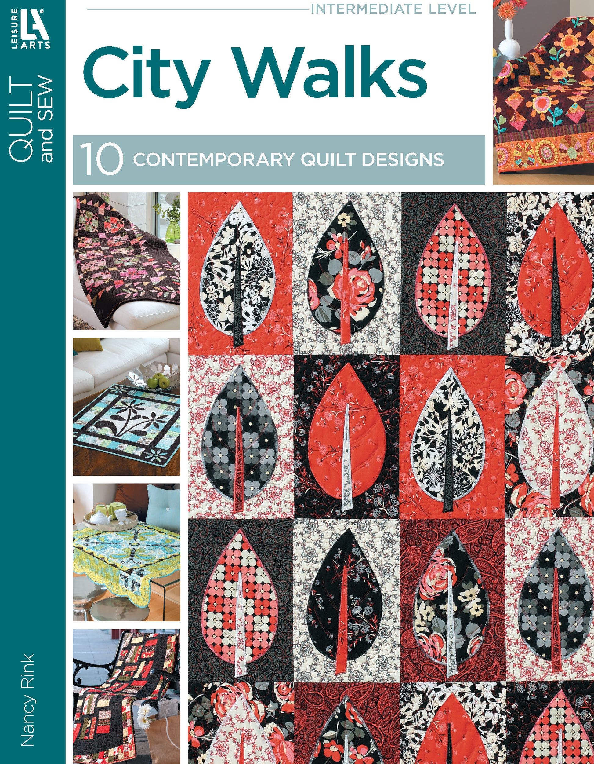 The cover of "City Walks—10 Contemporary Quilt Designs" by Leisure Arts features modern red, black, and white leaf quilt patterns and smaller quilt images—ideal for intermediate quilting enthusiasts.