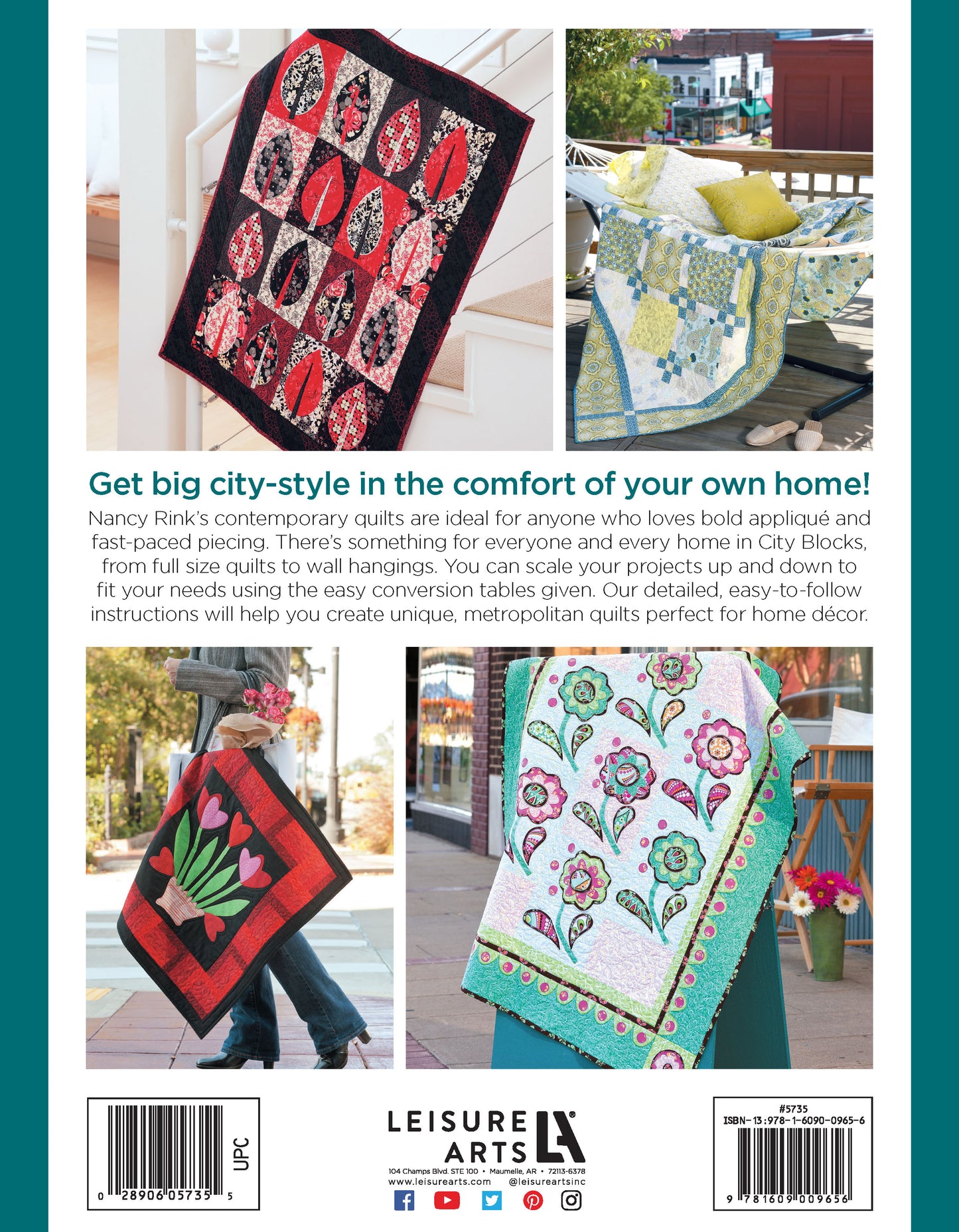 Leisure Arts' City Walks—10 Contemporary Quilt Designs features four eye-catching quilts displayed outdoors: a red and green tulip on a bench, floral panel on a chair, geometric red and black over a railing, and a yellow quilt with lemons.