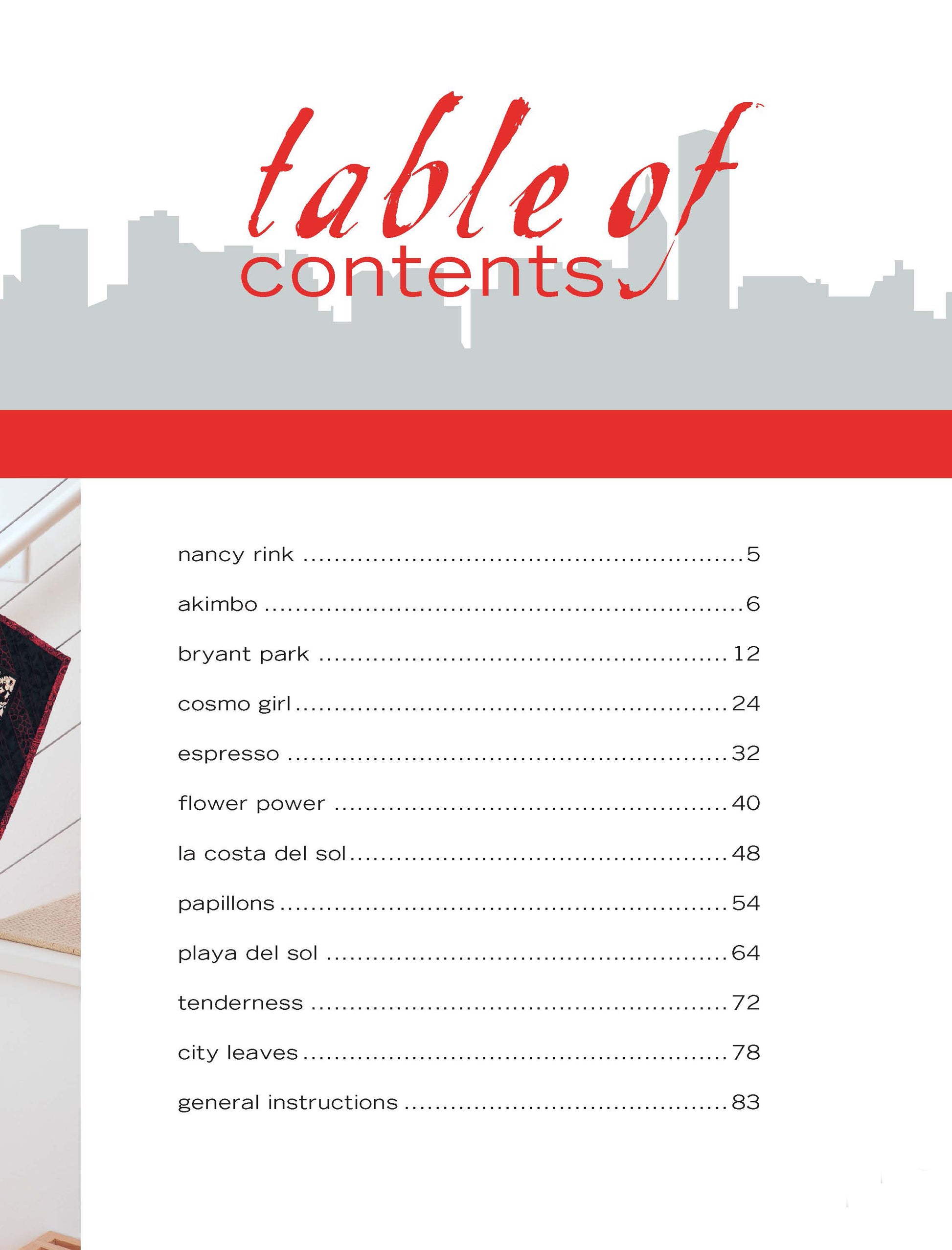 City Walks—10 Contemporary Quilt Designs by Leisure Arts features a table of contents with a red city skyline graphic, listing pattern names and page numbers for Nancy Rink’s intermediate quilts in black text on white.