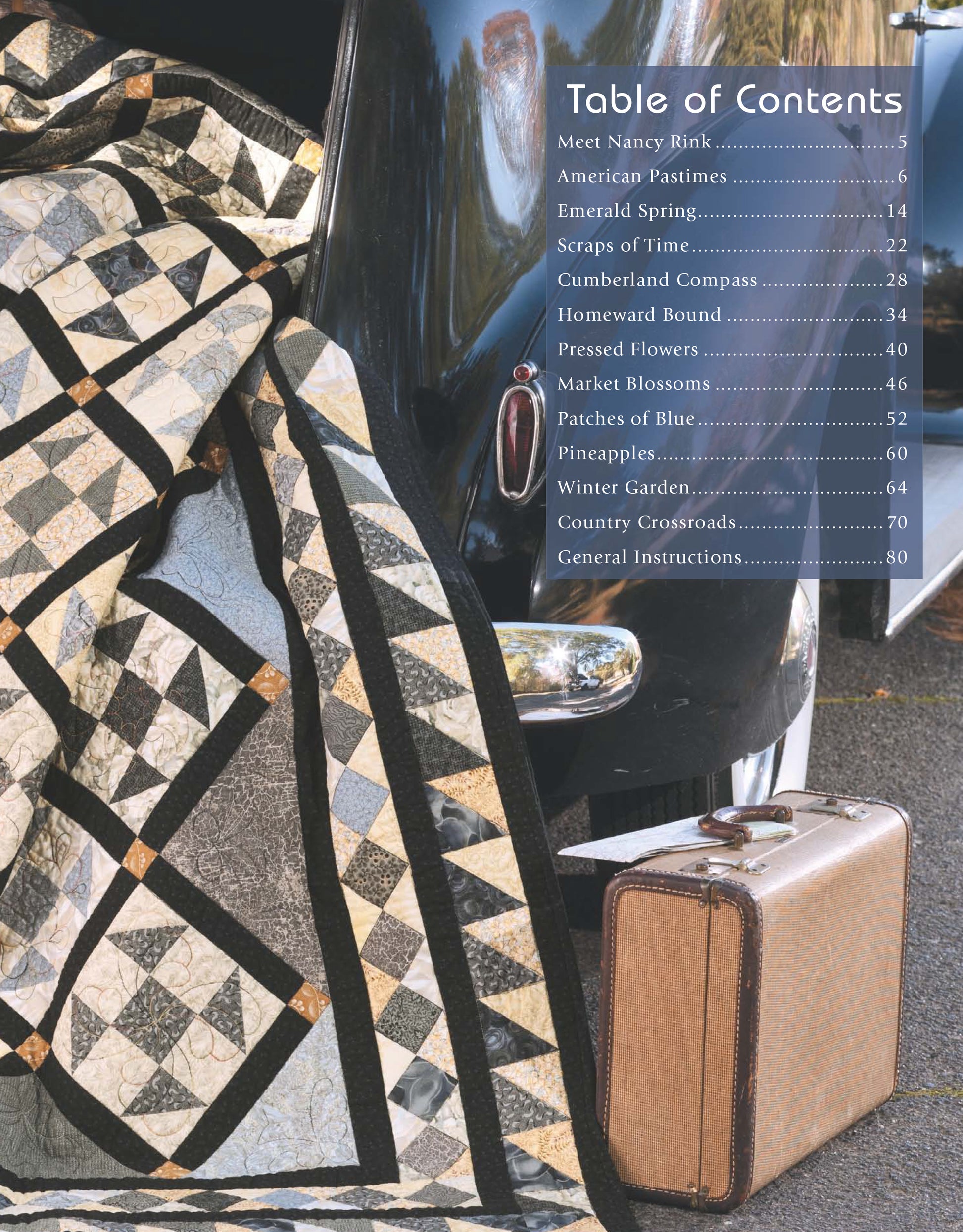 A vintage suitcase rests by a classic black car draped with a quilt. A transparent Table of Contents highlights the "Quilts to Warm Today's Home Digital Download" by Leisure Arts, featuring homestyle quilts and unique appliqué techniques inside.