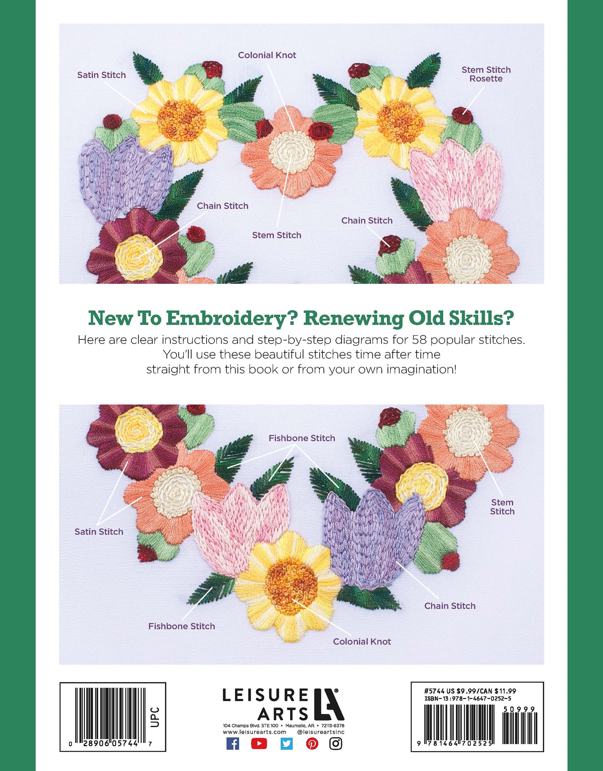 The Leisure Arts Embroidery Stitch Guide features colorful embroidered flowers and leaves on white, labeled with stitches like Chain Stitch, Colonial Knot, and Satin Stitch. Includes beginner-friendly instructions.