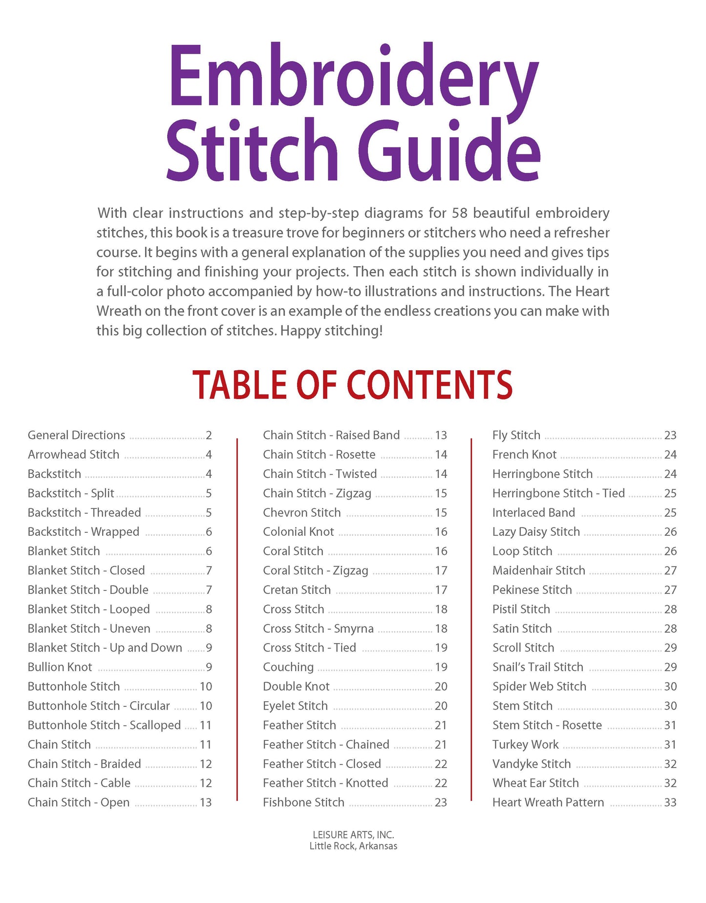 The Leisure Arts Embroidery Stitch Guide features a vibrant cover with purple and orange accents, an introduction for beginners, and a detailed table of contents listing embroidery stitches with corresponding page numbers.