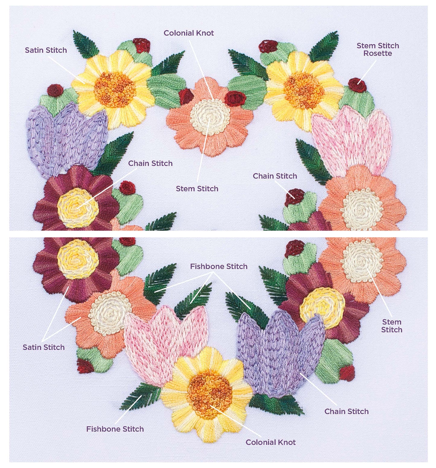 Two photos show the Leisure Arts Embroidery Stitch Guide on white fabric, featuring labeled floral hand embroidery with satin, chain, stem, fishbone stitches, and colonial knots—making it a useful reference for various colorful stitches.