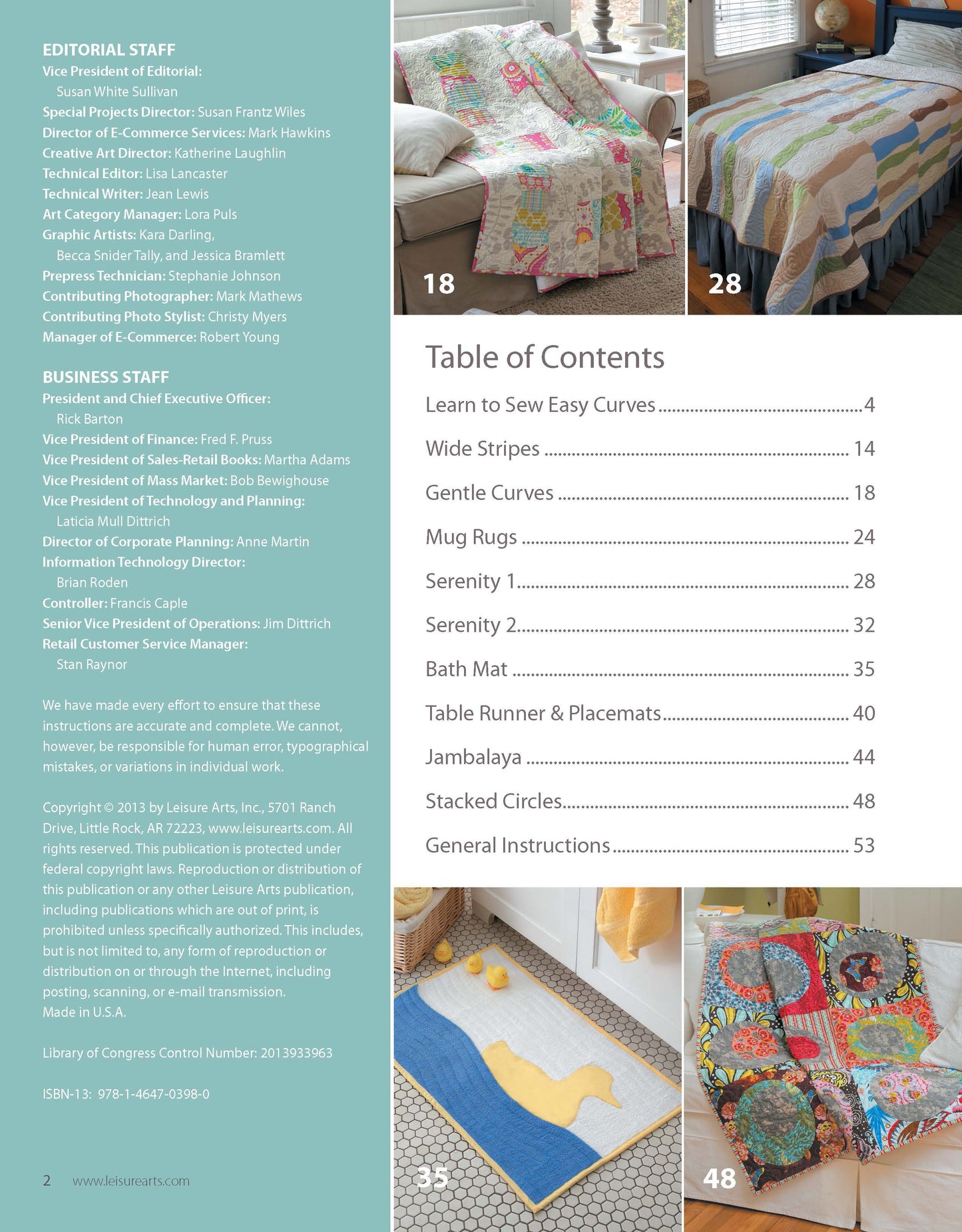 A page from Leisure Arts’ “Learn to Sew Easy Curves” displays the editorial staff, table of contents, and photos of three curved quilt patterns with patchwork. Page numbers 18, 28, and 48 are placed over the quilt images.