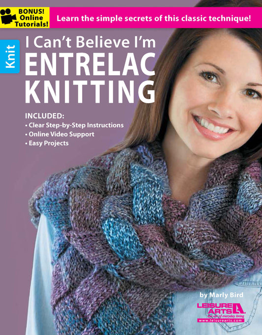 A smiling woman wears a colorful entrelac knit scarf. The digital book "I Can't Believe I'm Entrelac Knitting" by Leisure Arts offers tutorials and easy beginner projects—perfect for learning entrelac with step-by-step instructions.