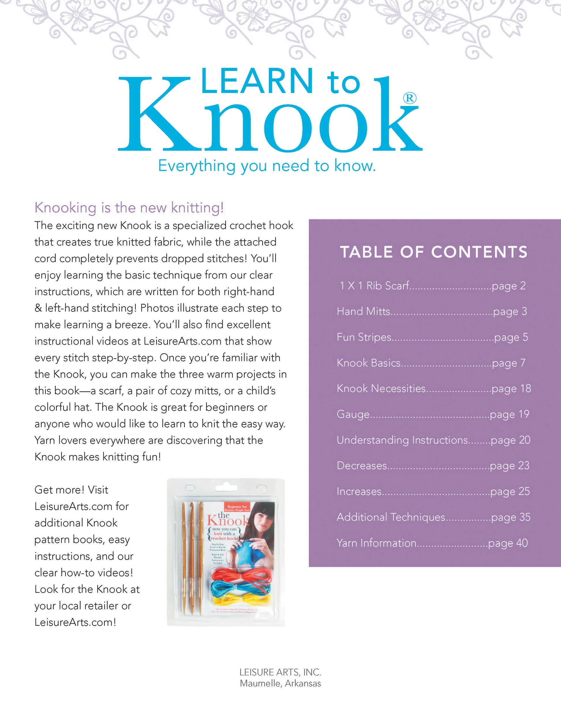 The Learn to Knook promo page by Leisure Arts displays a knooking description, table of contents, kit image with a Knook hook, and contact info—all set on a purple and white background.