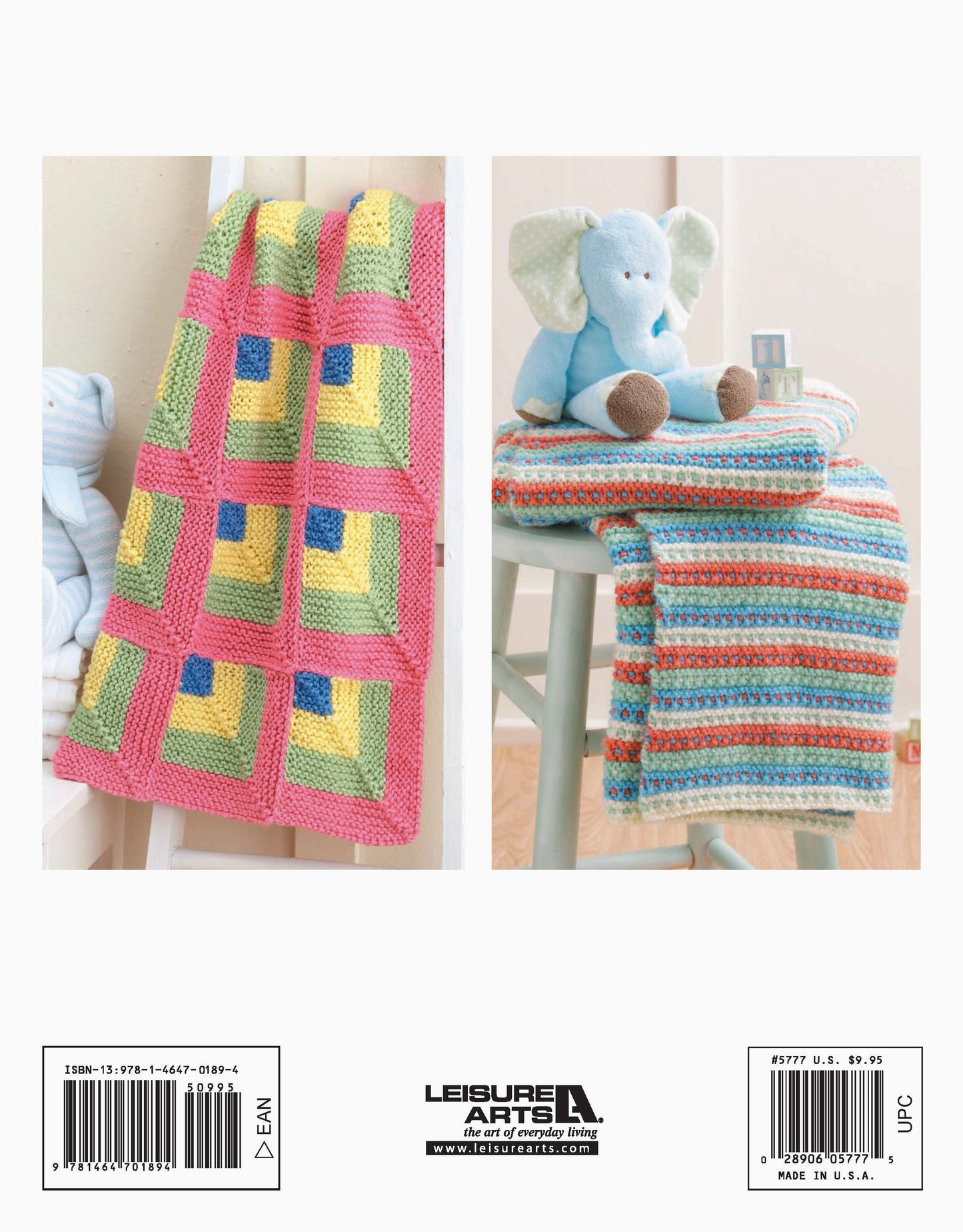 Two Baby Blankets Made with the Knook by Leisure Arts are shown: one has colorful geometric patchwork, the other is striped with a blue elephant plush on top. Both blankets are draped over stools in a bright room.