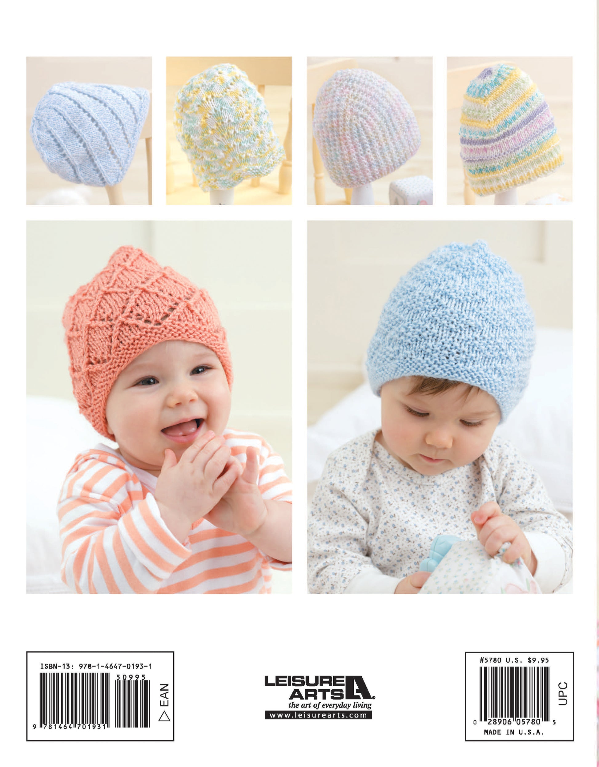 Baby Beanies Made with the Knook by Leisure Arts showcases six knitted caps in pastel colors and patterns, modeled by babies in peach and blue hats. Includes easy step-by-step instructions to make each beanie.