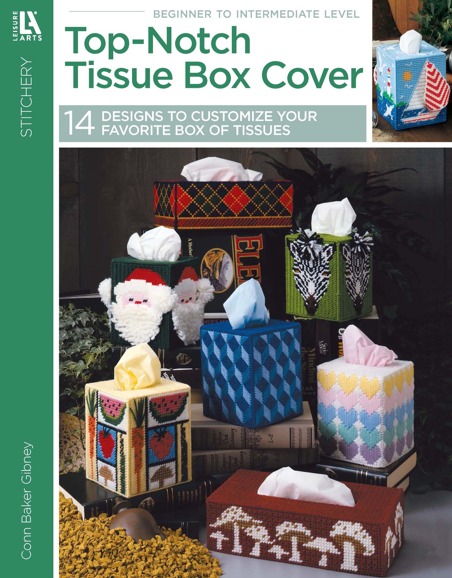 A digital download from Leisure Arts, "Top-Notch Tissue Box Covers" features 14 customizable designs—Santa faces, animals, and geometric patterns—perfect for beginner crafters seeking colorful, handmade decor.