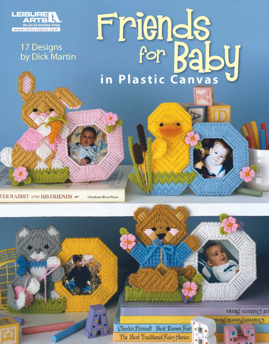 Four adorable animal-shaped photo frames—a bunny, duck, kitten, and bear—from Leisure Arts’ Friends for Baby in Plastic Canvas Digital Download display baby photos. Perfect as gifts or shower favors, they brighten any shelf with their cheerful design.