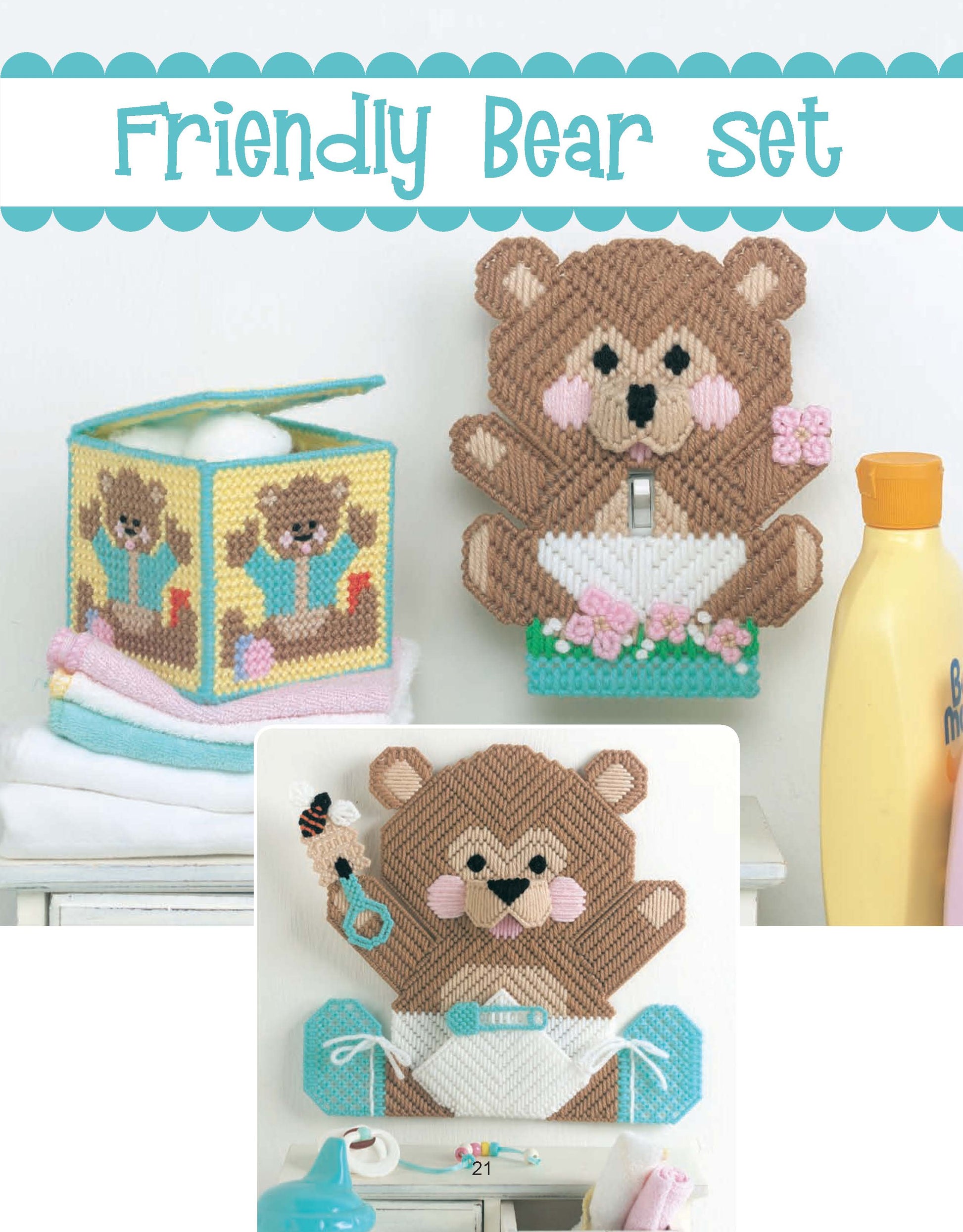 The Friends for Baby in Plastic Canvas Digital Download by Leisure Arts includes patterns for a tissue box cover, light switch cover, and wall pocket with cute brown bears—ideal for baby gifts or bathroom decor.