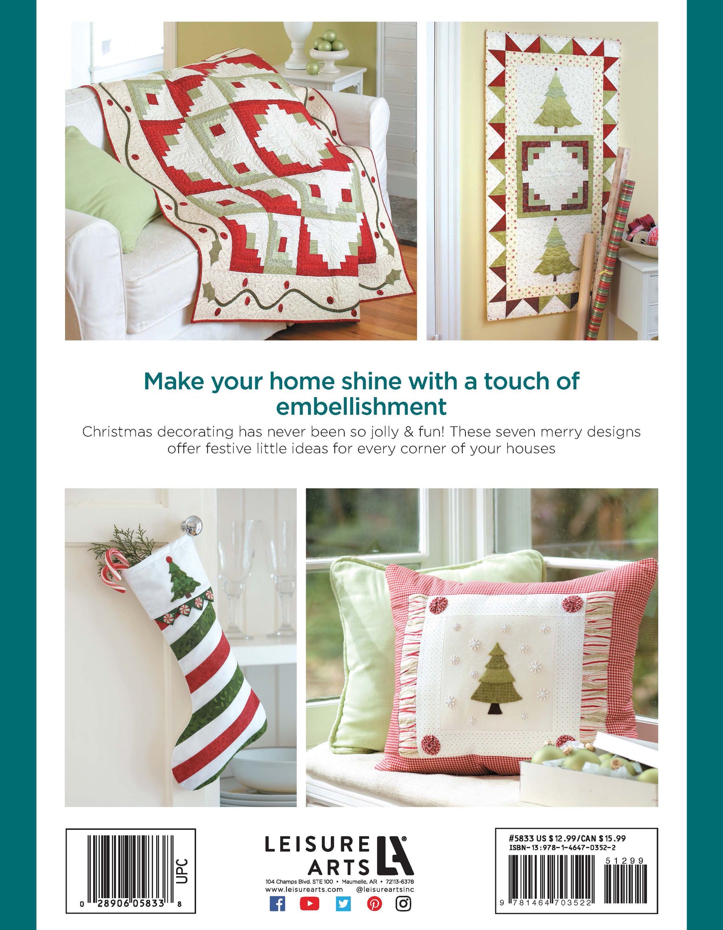 A festive scene featuring Christmas Sparkle—7 Whimsical Embellishments That Truly Sparkle! by Leisure Arts, including a red and green throw, striped stocking on the mantle, holiday pillows, and cheerful decor accents.