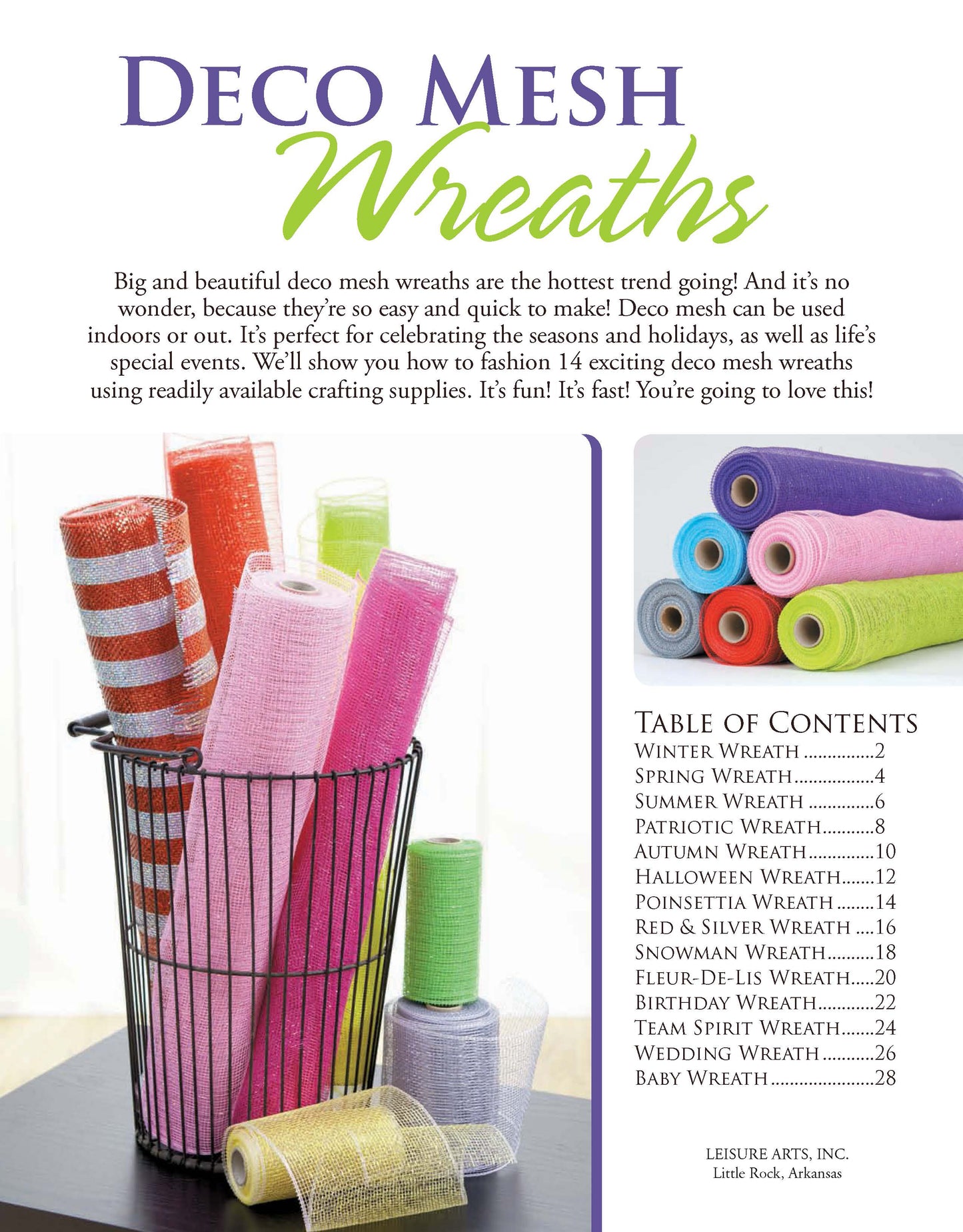 A wire basket holds colorful rolls of deco mesh in pink, purple, orange, yellow, and white next to a table of contents for Deco Mesh Wreaths by Leisure Arts, which features decorative text and seasonal holiday wreath craft ideas above.