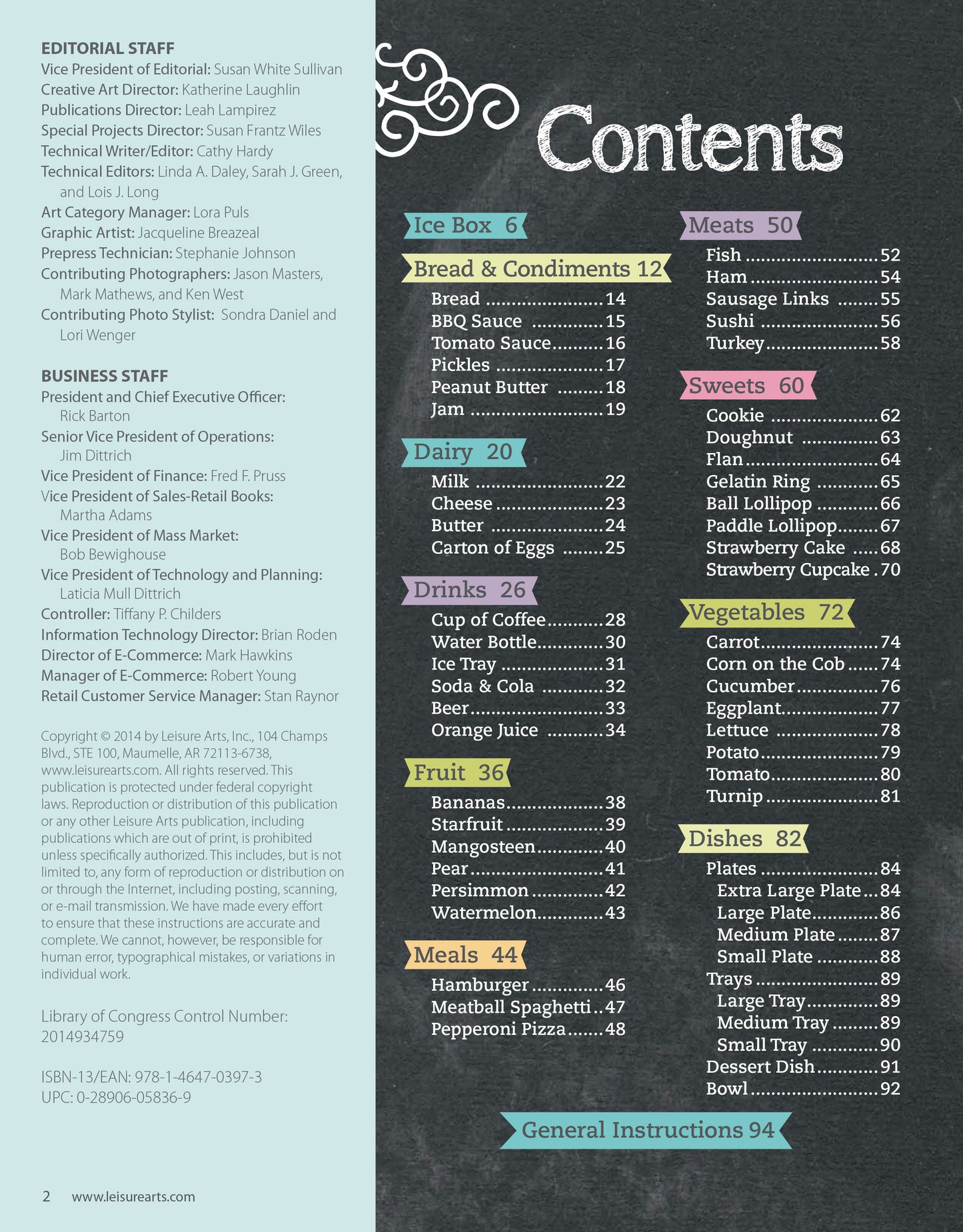 The contents page of "Ice Box Crochet" by Leisure Arts features color-coded recipe categories—Ice Box, Bread & Condiments, Drinks, Meats, Vegetables, Desserts—plus charming amigurumi food patterns on a dark background.