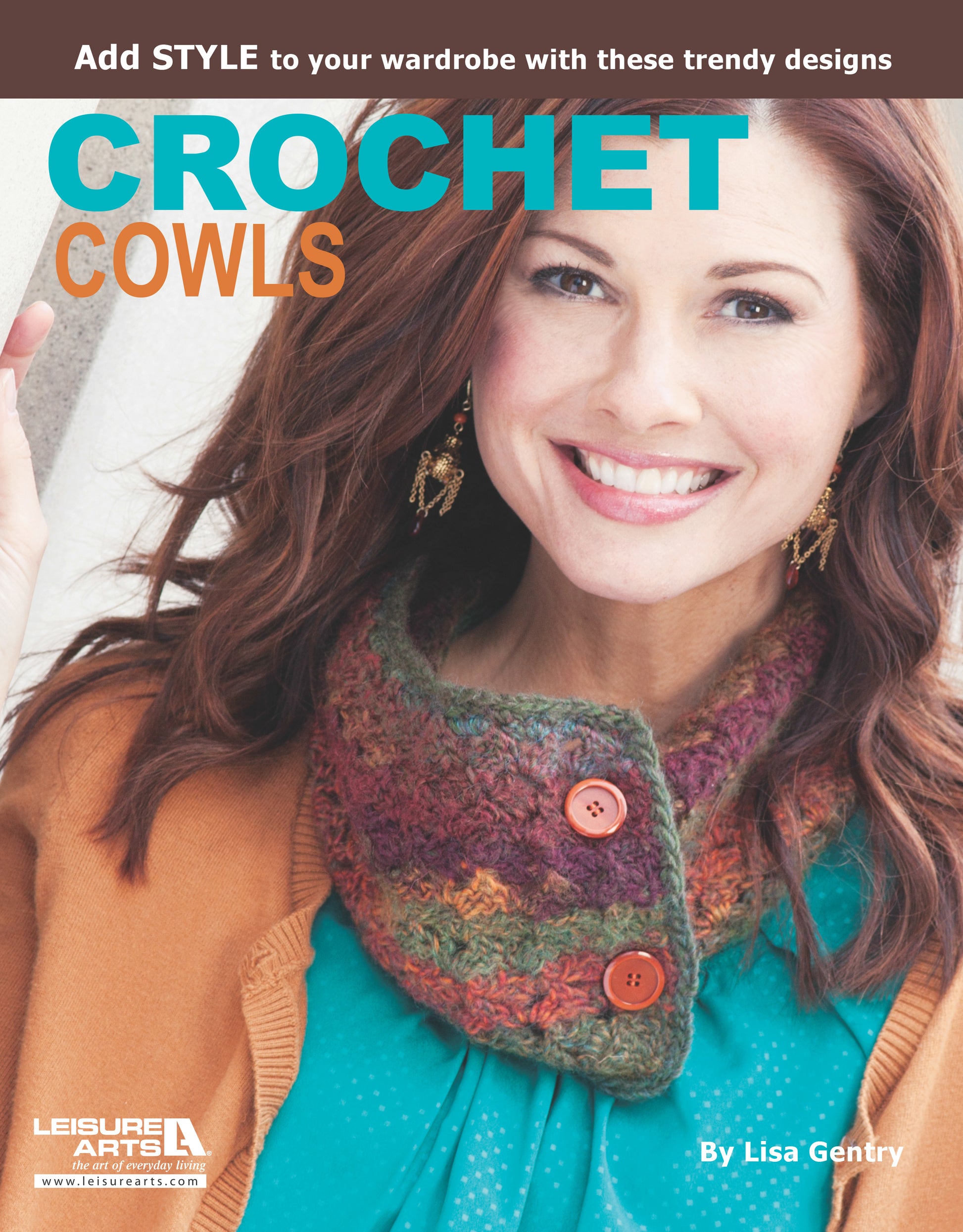 A smiling woman in a crochet cowl appears on the cover of Crochet Cowls by Leisure Arts, featuring easy patterns and beginner projects. The title and logos are displayed above and below her image.