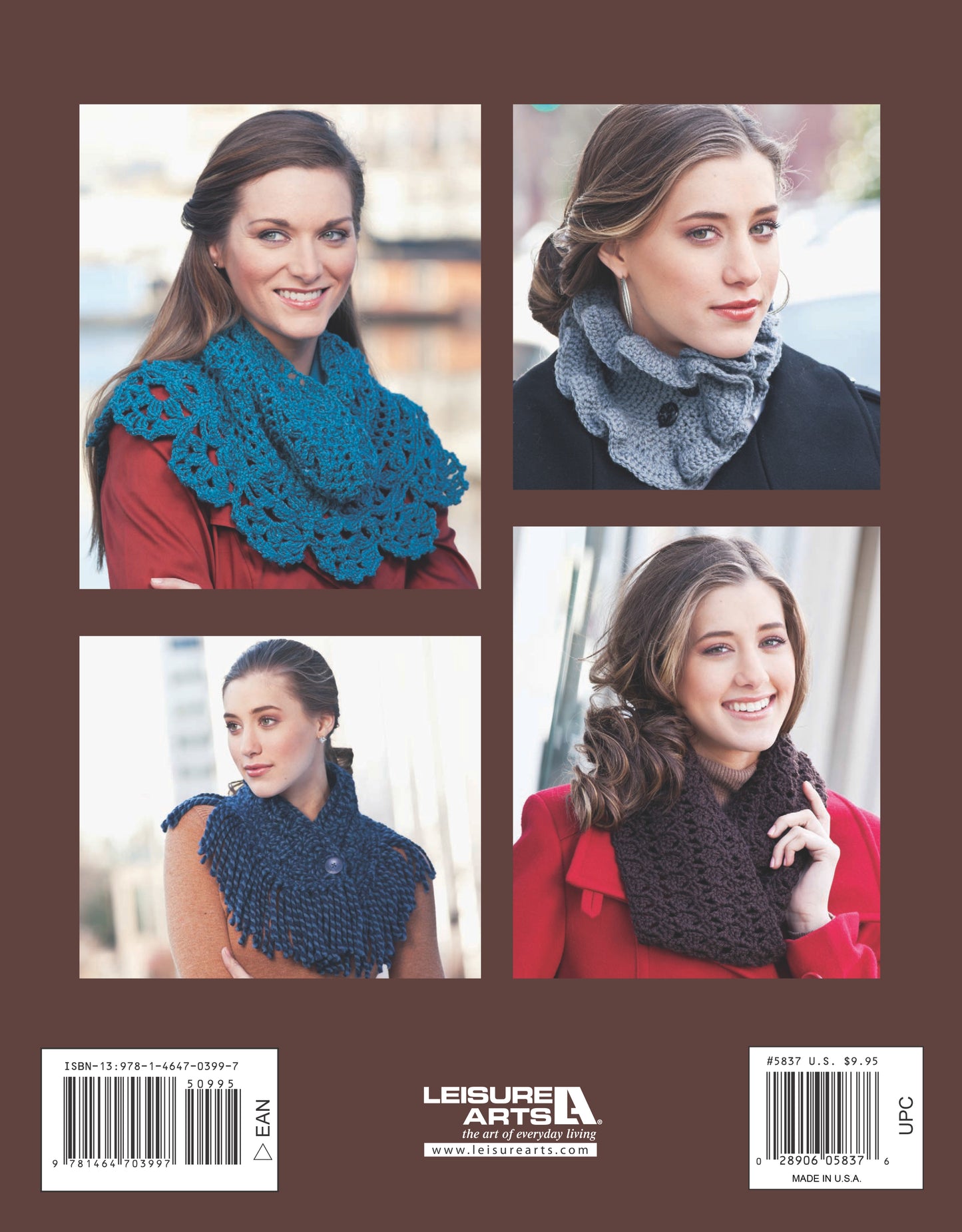 Four women model handmade blue, gray, navy, and brown crochet cowls from "Crochet Cowls" by Leisure Arts—smiling outdoors on the book’s back cover featuring easy and stylish crochet patterns.