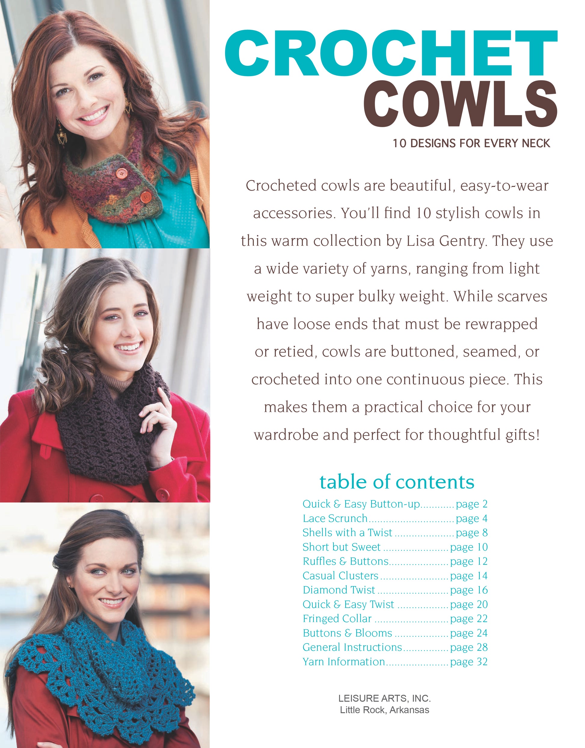 Three women wear colorful crocheted cowls. "Crochet Cowls" by Leisure Arts features 10 easy designs like button-up, lace, short, and ruffled styles—all beginner-friendly crochet projects created by Lisa Gentry.
