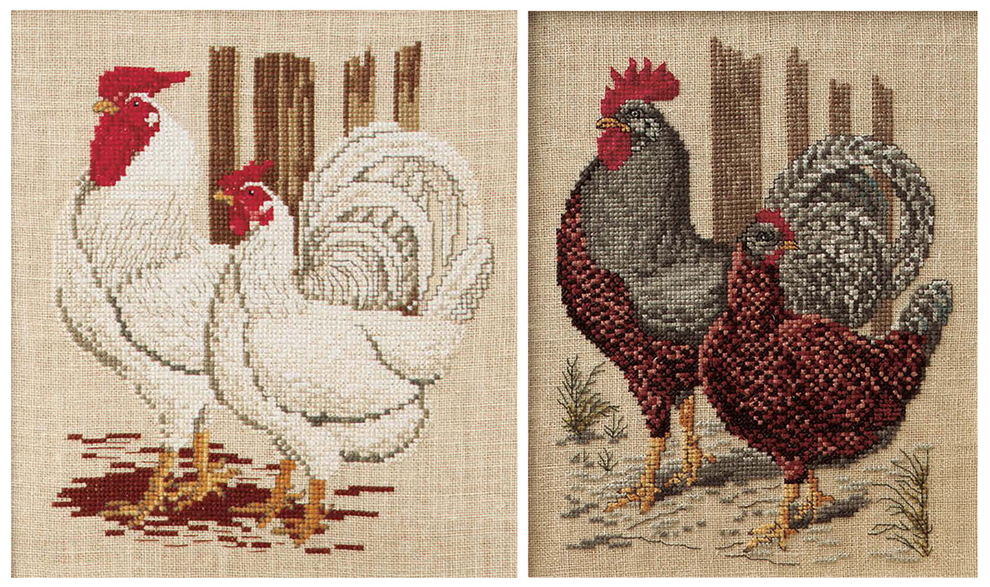Leisure Arts' “Fresh Approach” displays two barnyard cross stitch pieces: one with white chickens, another with a brown-and-gray rooster and hen. Both feature wooden fence backgrounds.