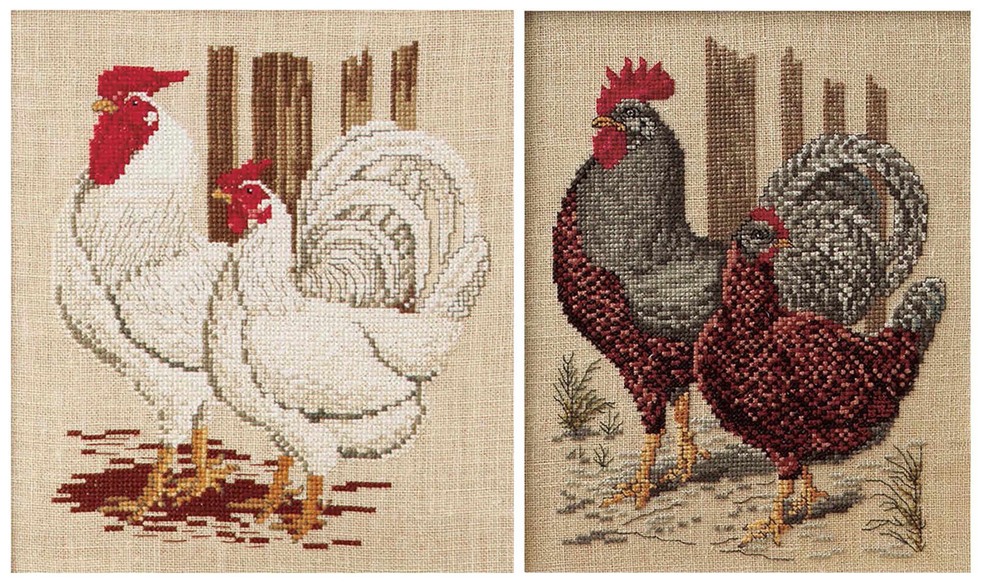 Leisure Arts' “Fresh Approach” displays two barnyard cross stitch pieces: one with white chickens, another with a brown-and-gray rooster and hen. Both feature wooden fence backgrounds.