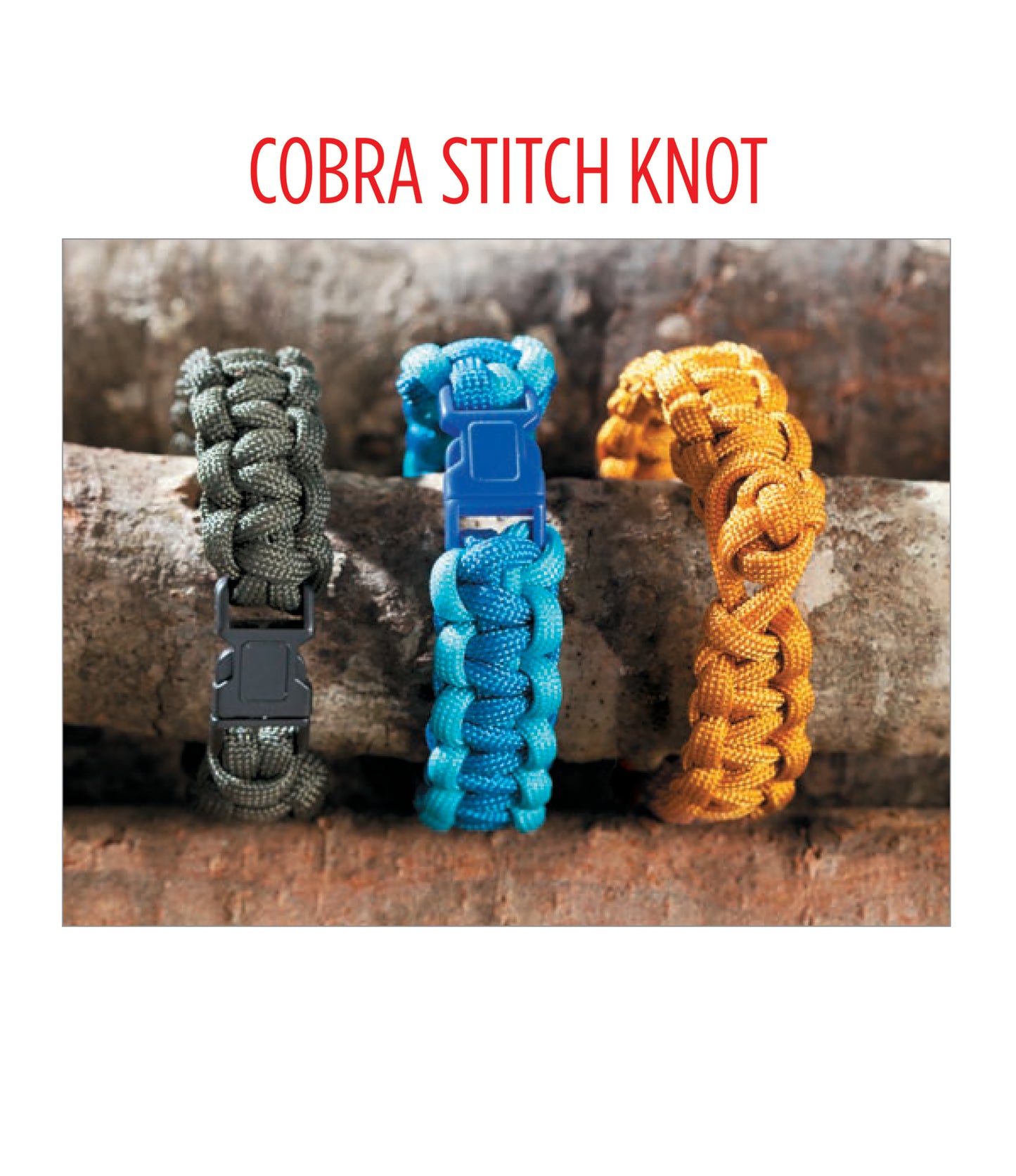 Three DIY Jewelry Paracord bracelets by Leisure Arts—crafted with cobra stitch knots in green, blue, and orange—rest on tree branches. Bold red text above reads: COBRA STITCH KNOT—perfect for beginner crafters.