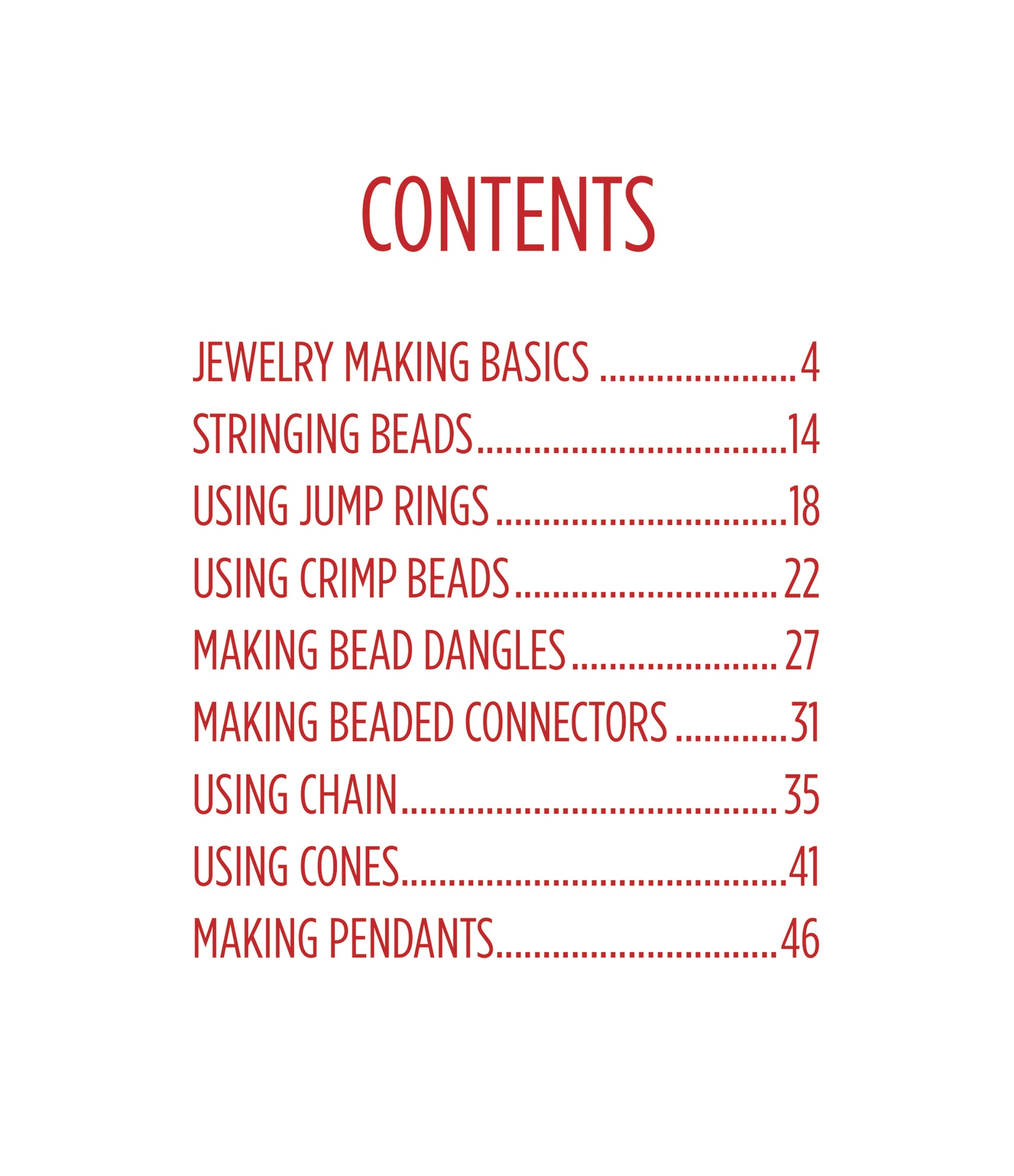 DIY Jewelry Learn the Basics by Leisure Arts features a table of contents with easy projects and step-by-step guides on stringing beads, using jump rings, crimp beads, connectors, chain, cones, bead dangles, and pendants—with page numbers.