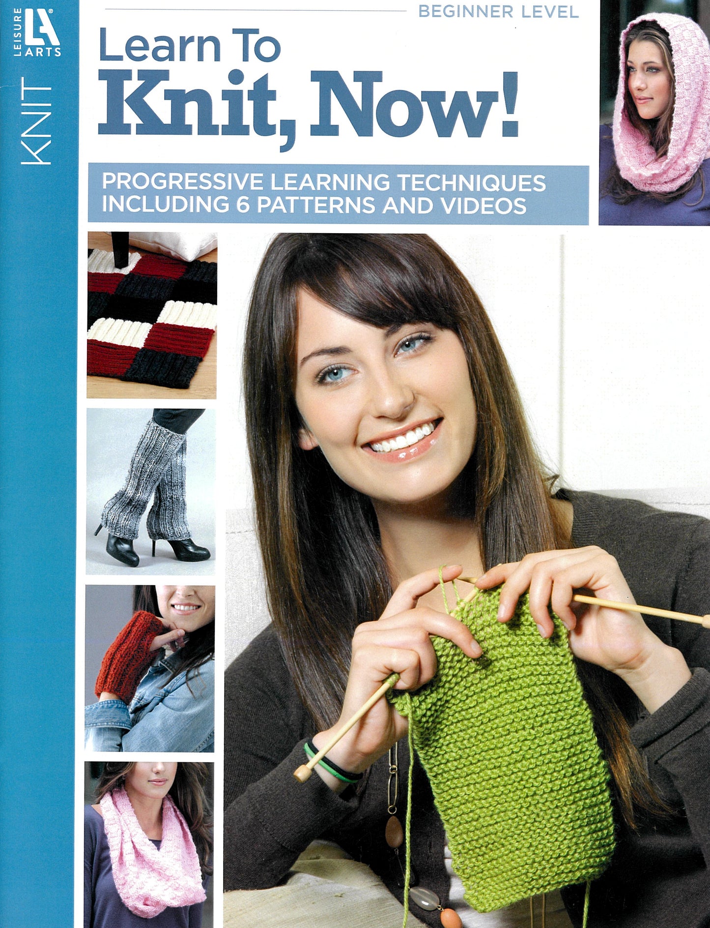 The Leisure Arts "Learn to Knit, Now! Digital Download" features a smiling woman knitting with green yarn, surrounded by beginner projects and inspiring patterns such as scarves, a blanket, and socks.