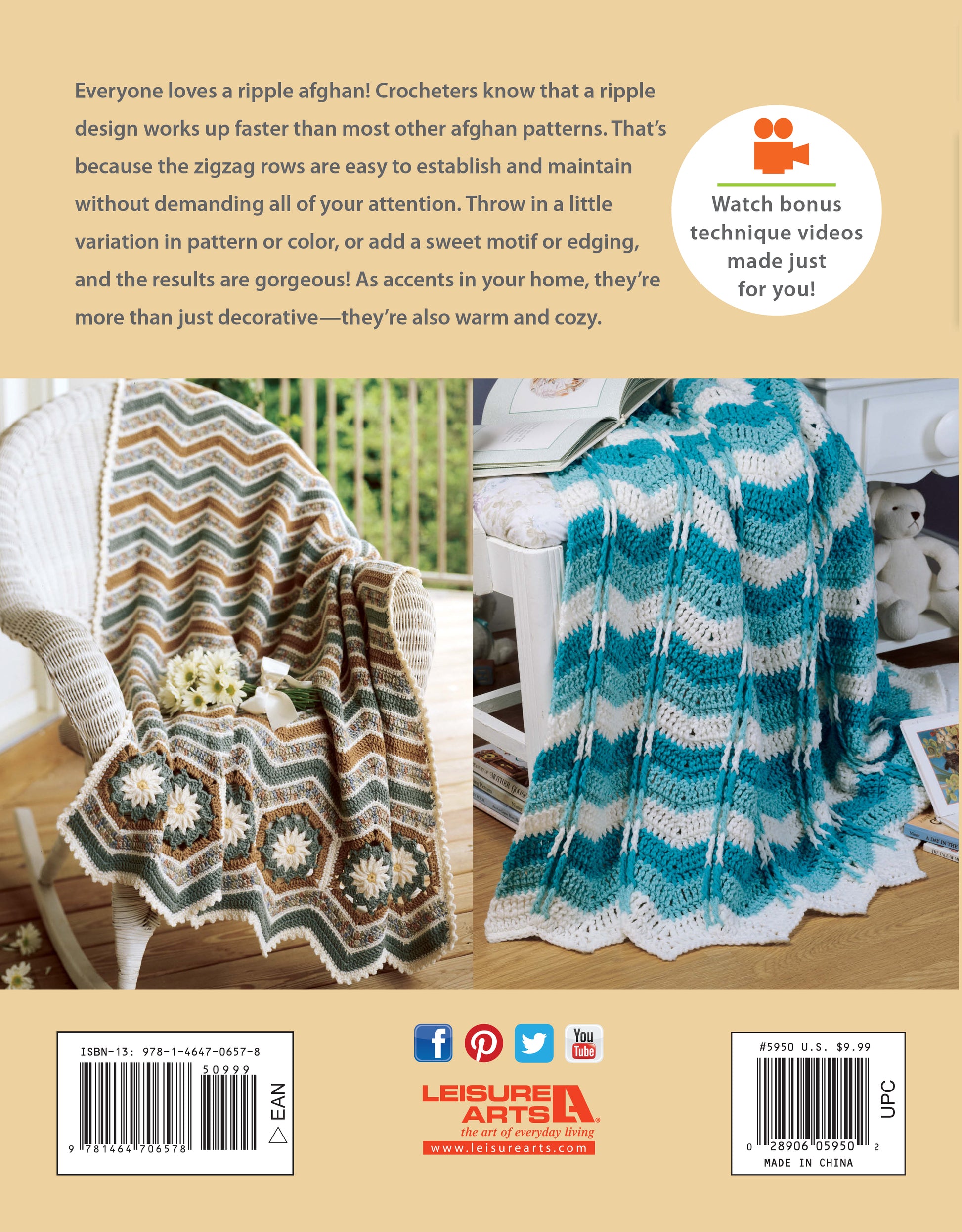 Two vibrant Crochet Ripple Afghans by Leisure Arts drape over chairs: one in brown, green, and cream stripes; another in teal, white, and gray. Both use worsted weight yarn. Includes descriptive text and a label for bonus videos.
